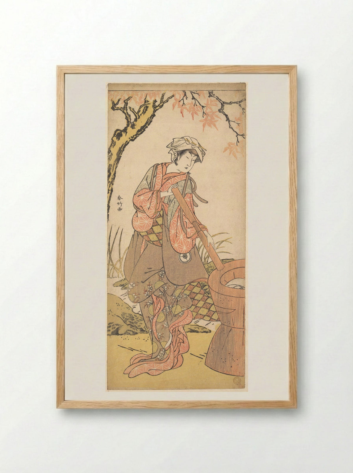 Iwai Kiyotaro in a Shosa Act, Holding a Kine (Pestle) - Katsukawa Shunkō - Framed Print Wood