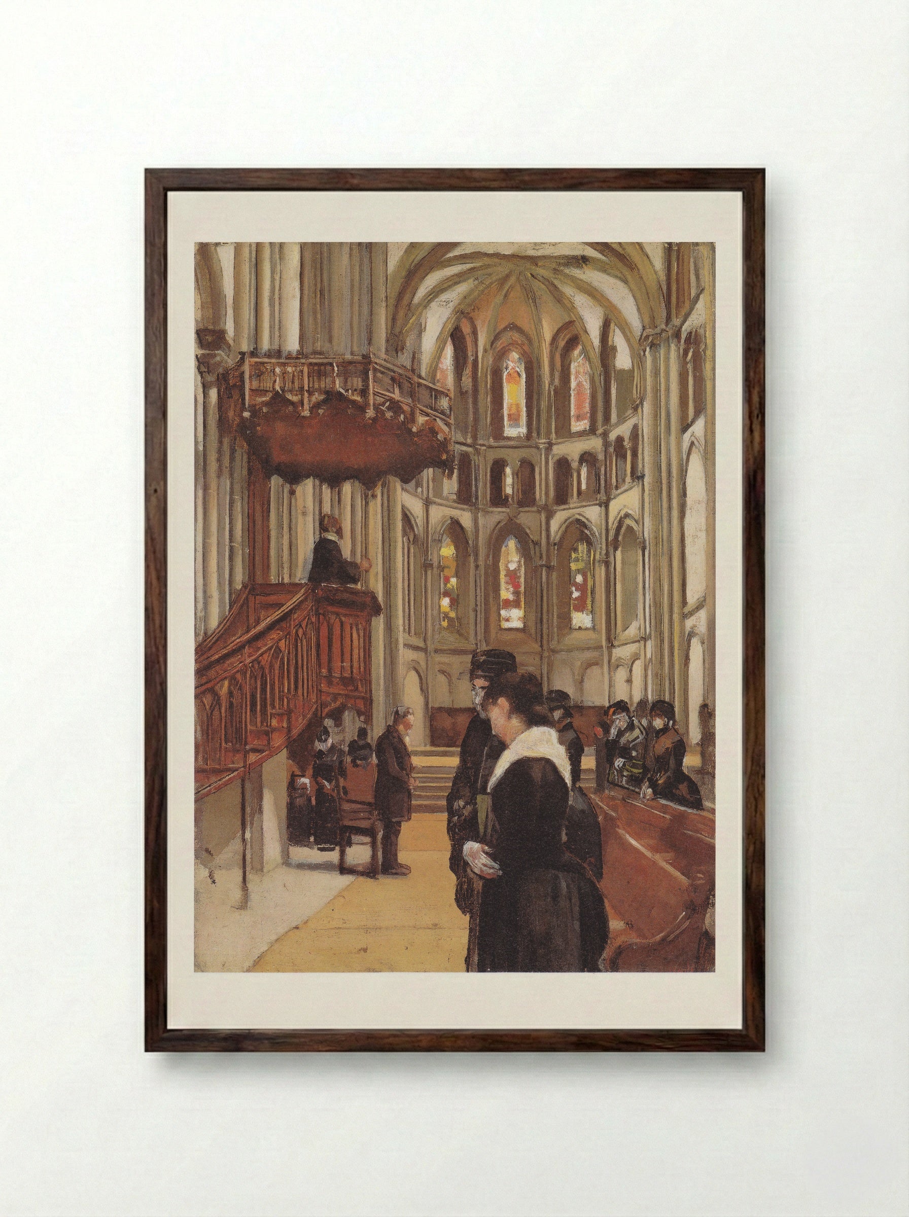Prayer in the Saint Pierre Cathedral in Geneva - Ferdinand Hodler - Framed Print Dark Wood