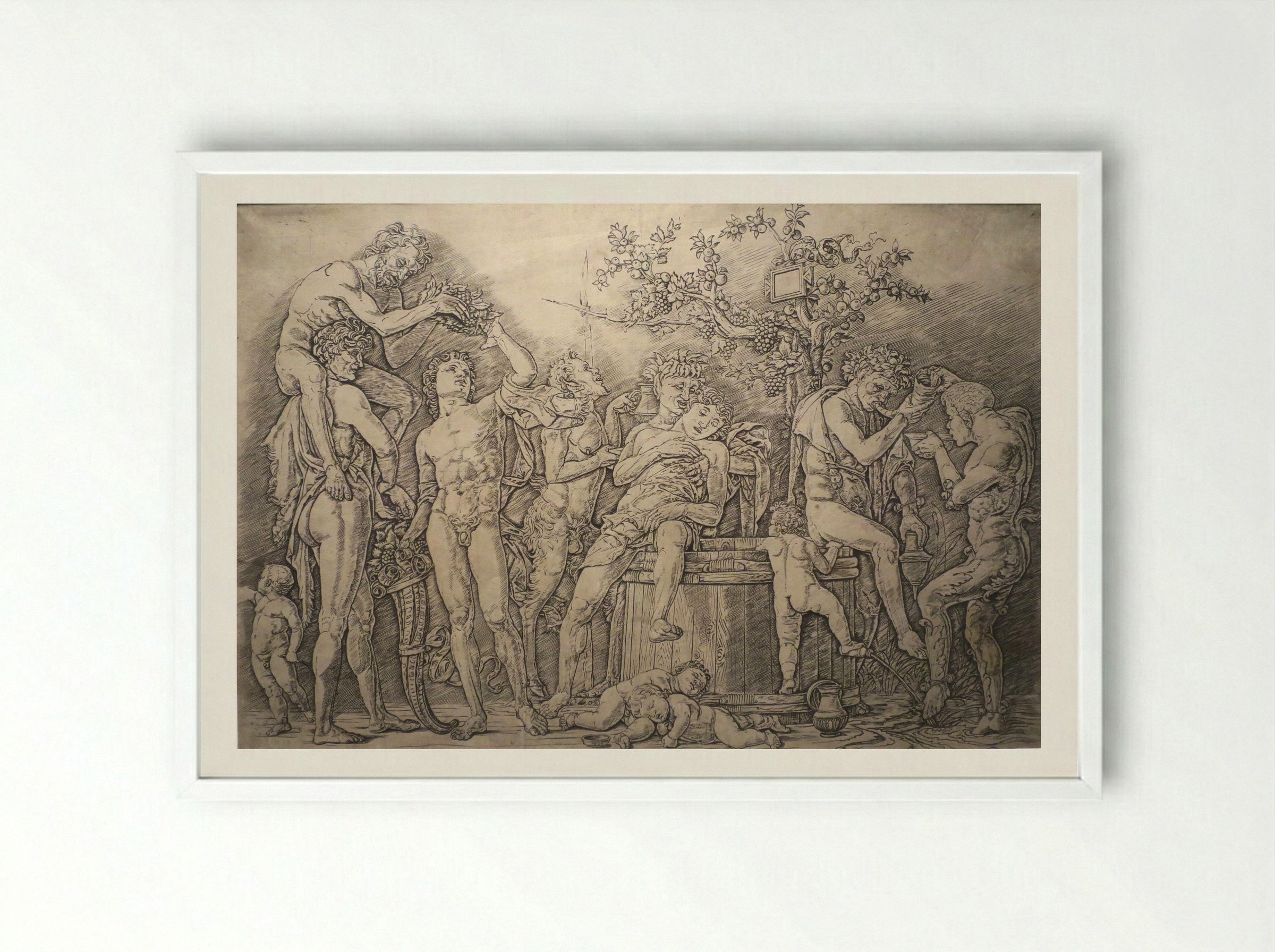 Bacchanal with a wine-press - Andrea Mantegna - Framed Print White
