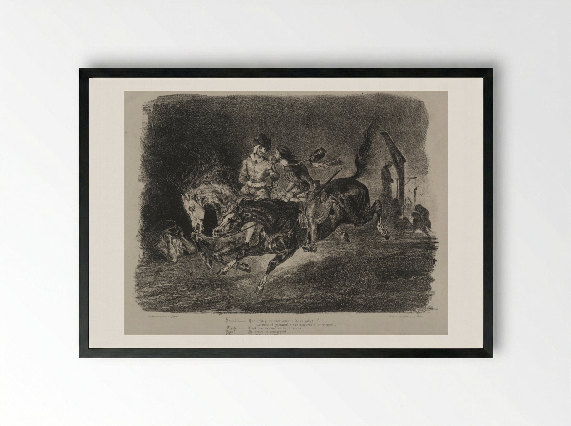 Faust and Méphistophélés riding to the Witches' Sabbath - Eugène Delacroix - Framed Print Black