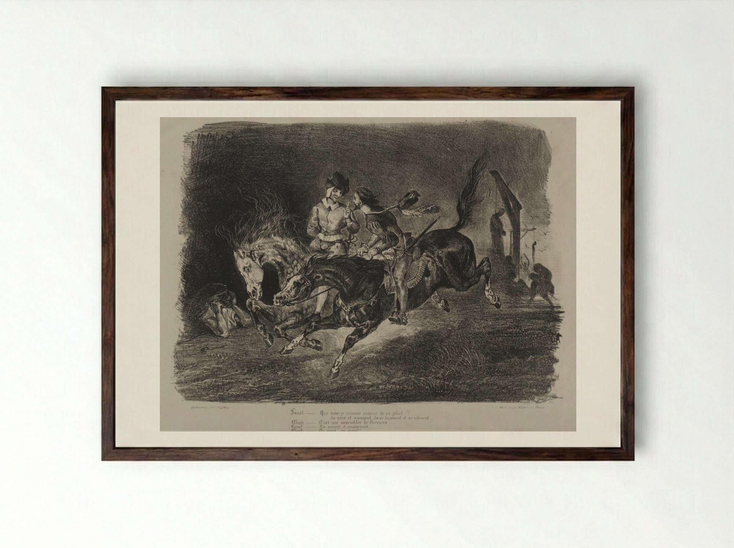 Faust and Méphistophélés riding to the Witches' Sabbath - Eugène Delacroix - Framed Print Dark Wood