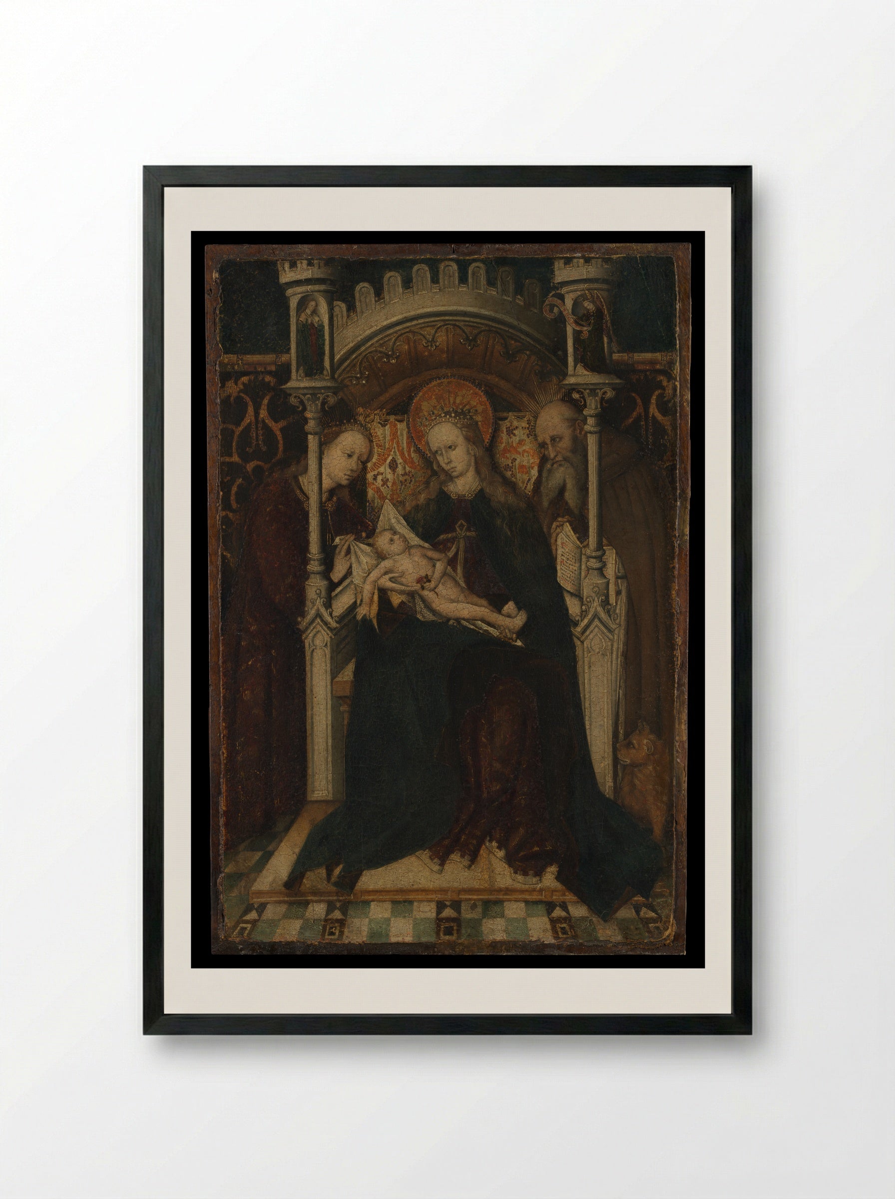 Virgin and Child Enthroned with Saints Catherine and Jerome - Spanish Painter - Framed Print Black