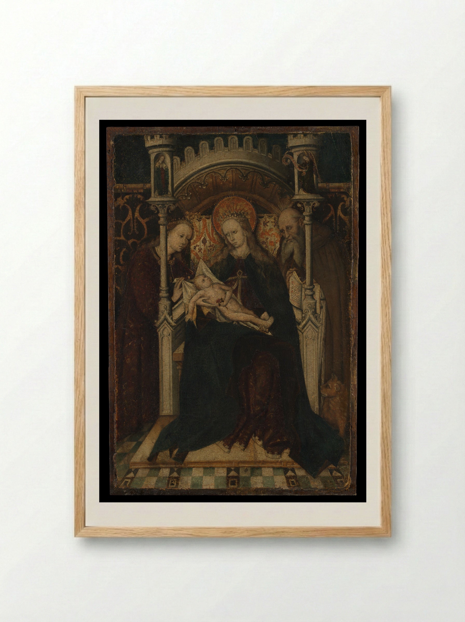 Virgin and Child Enthroned with Saints Catherine and Jerome - Spanish Painter - Framed Print Wood