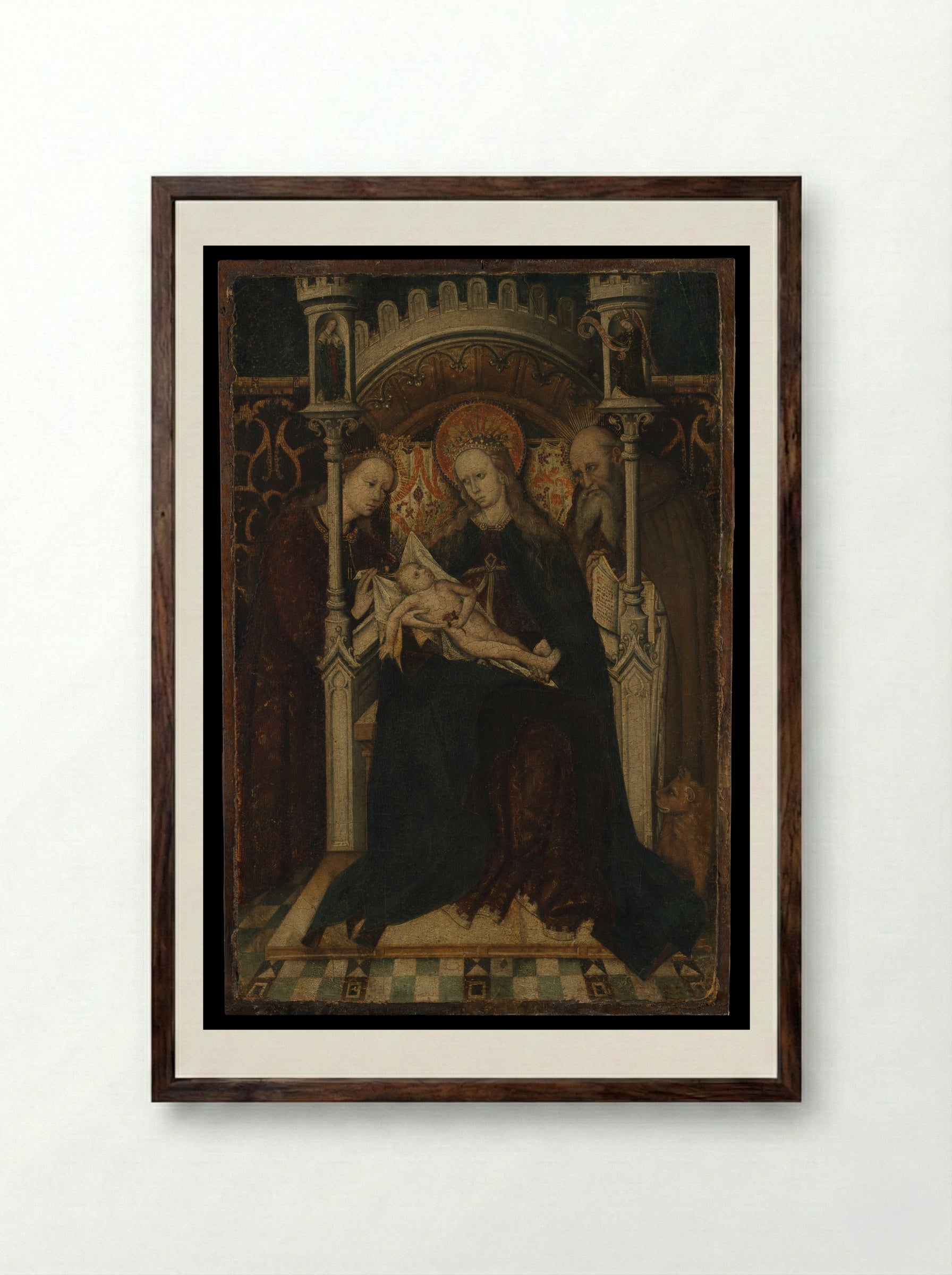 Virgin and Child Enthroned with Saints Catherine and Jerome - Spanish Painter - Framed Print Dark Wood