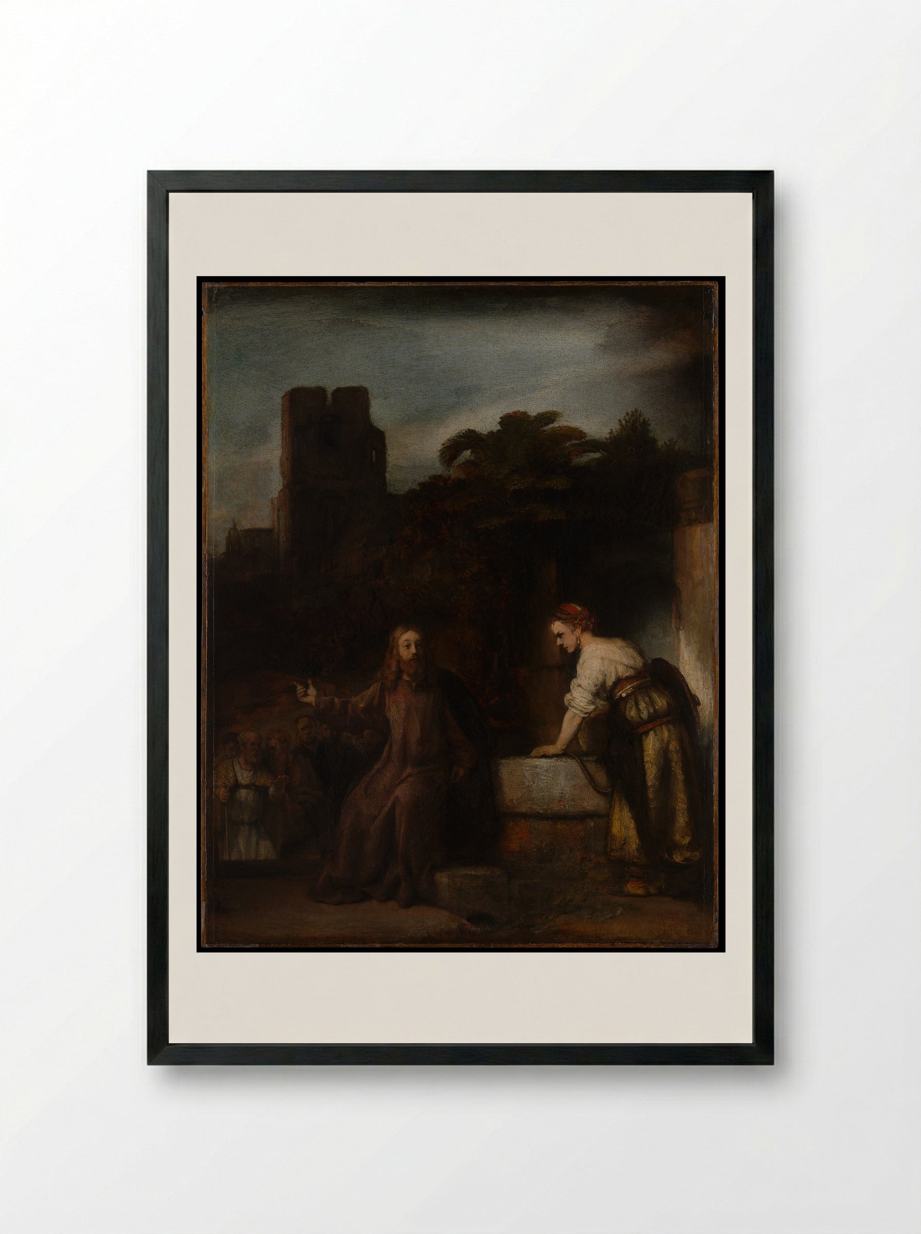 Christ and the Woman of Samaria - Rembrandt van Rijn - Framed Print Black