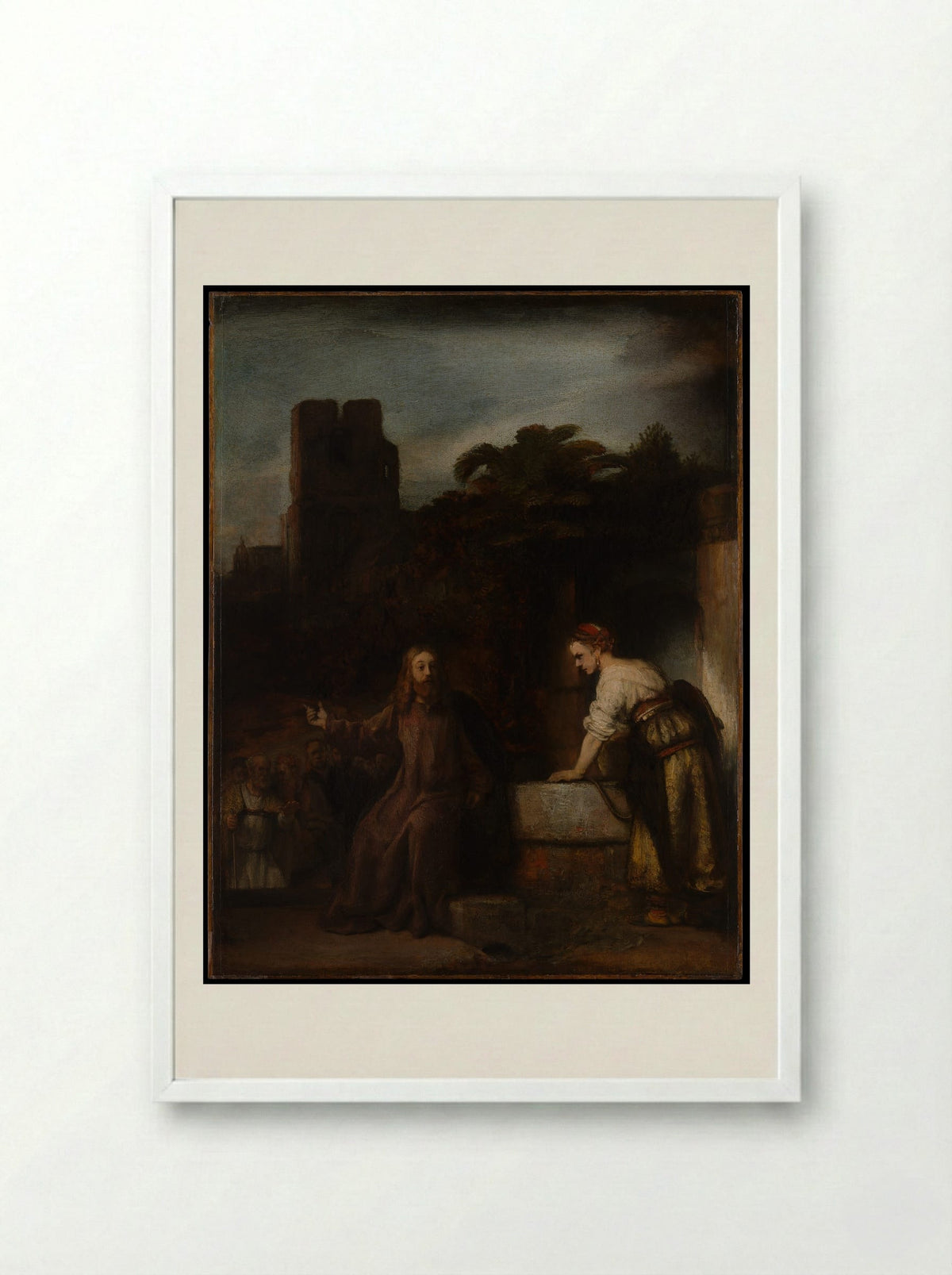 Christ and the Woman of Samaria - Rembrandt van Rijn - Framed Print White