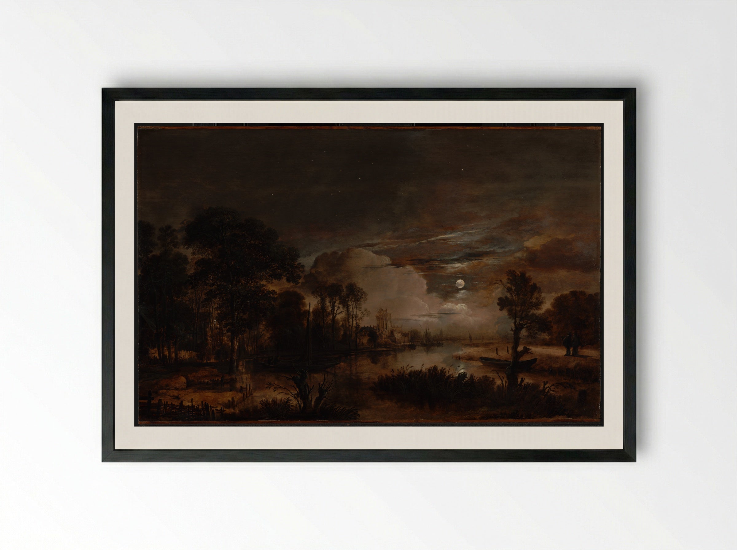 River Landscape with Fishermen - Aert van der Neer - Framed Print Black