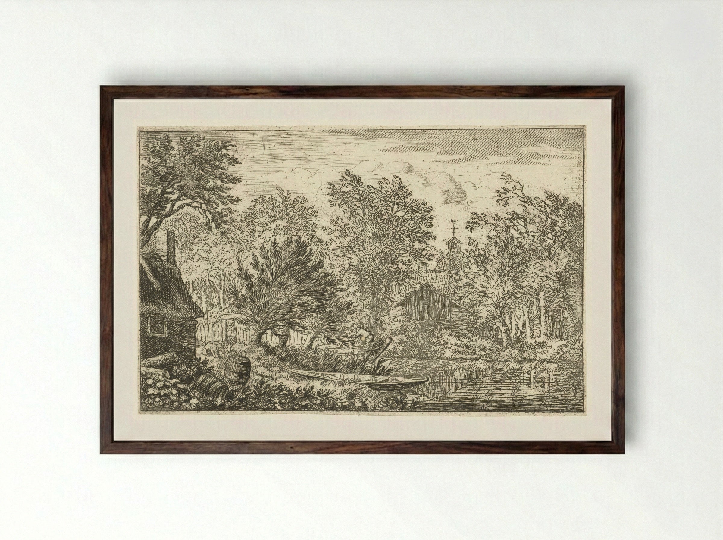Village View with Rowing Boat - Allaert van Everdingen - Framed Print Dark Wood