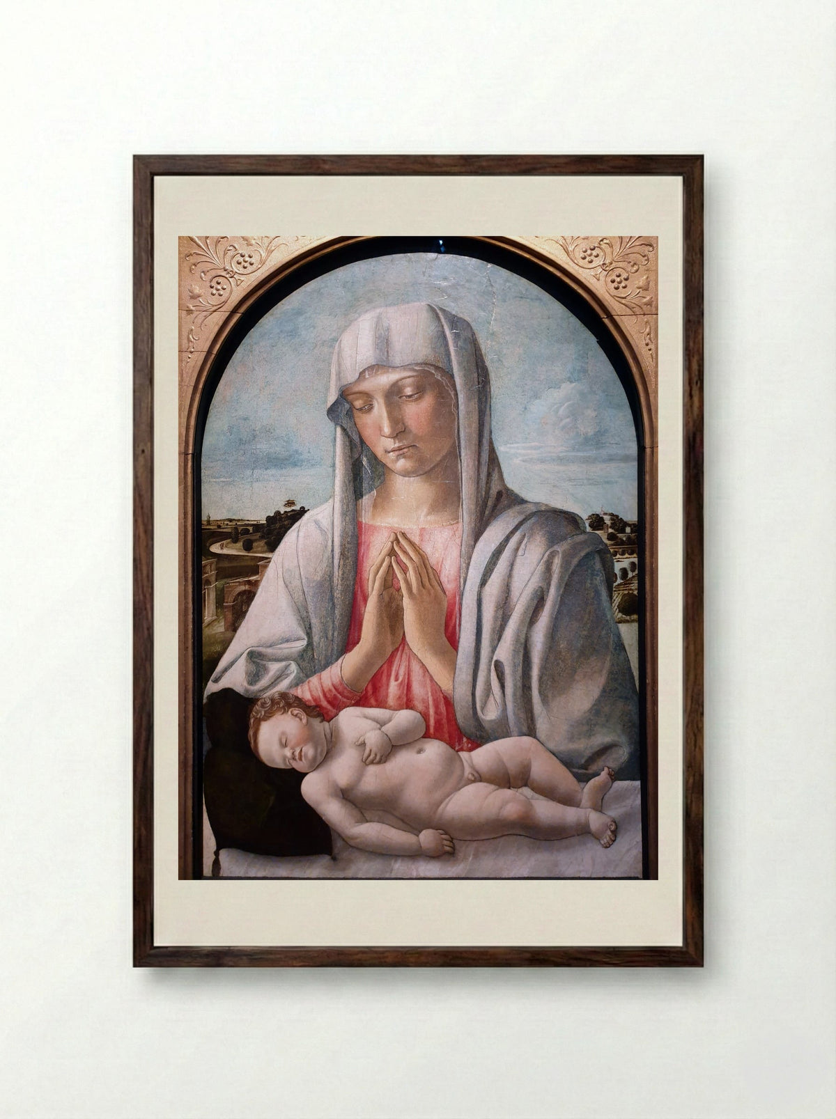 Madonna Adoring the Sleeping Child - Giovanni Bellini - Framed Print Dark Wood
