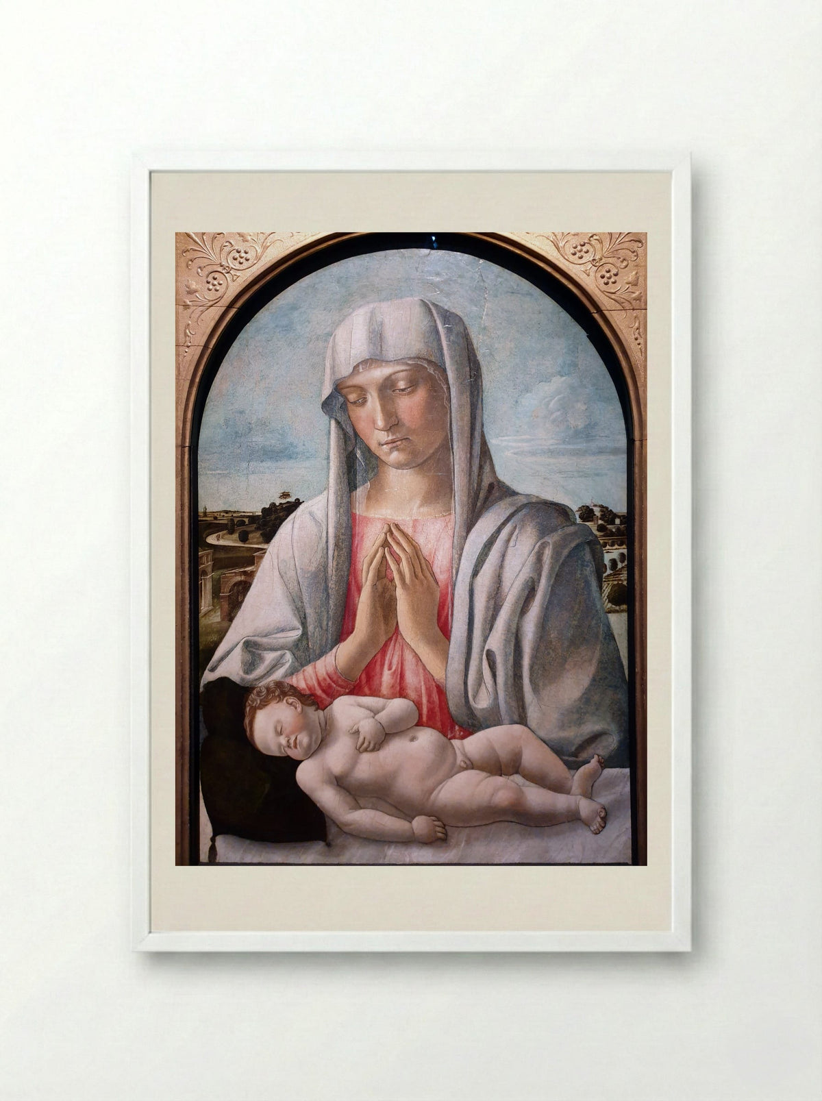 Madonna Adoring the Sleeping Child - Giovanni Bellini - Framed Print White