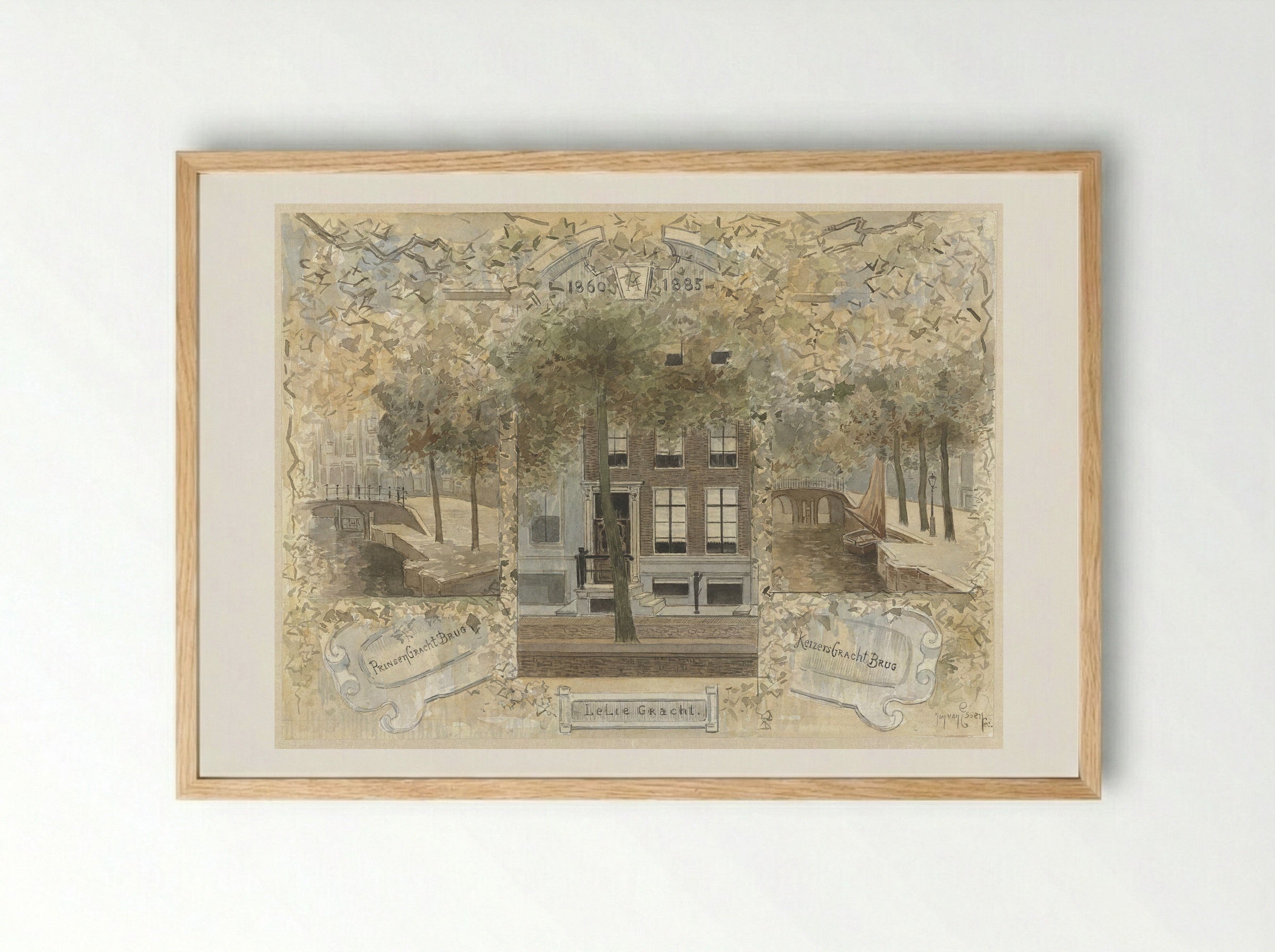 Huis op de Leliegracht, geflankeerd door de bruggen over de Prinsengracht en de Keizersgracht - Jan van Essen - Framed Print Wood