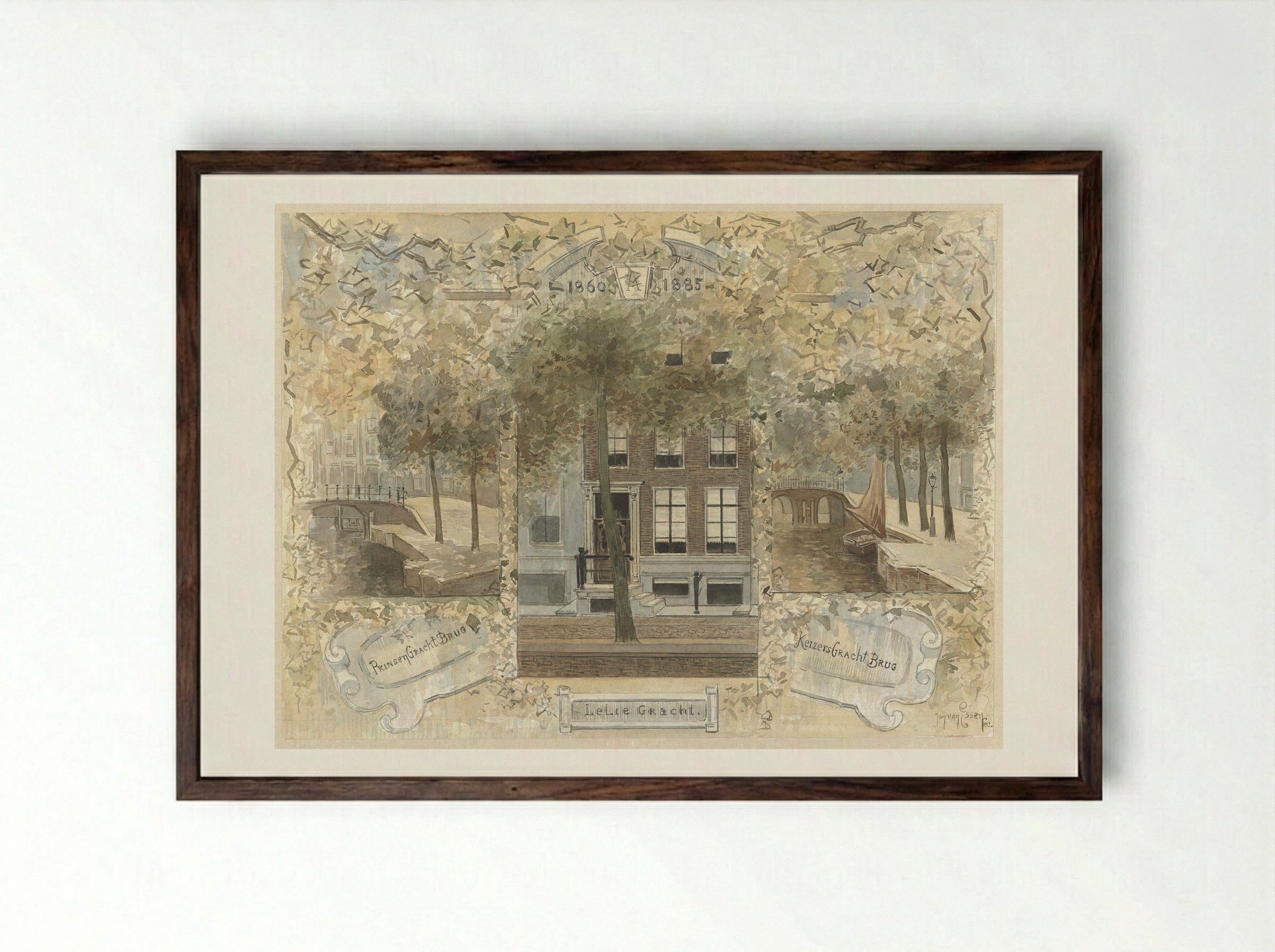 Huis op de Leliegracht, geflankeerd door de bruggen over de Prinsengracht en de Keizersgracht - Jan van Essen - Framed Print Dark Wood