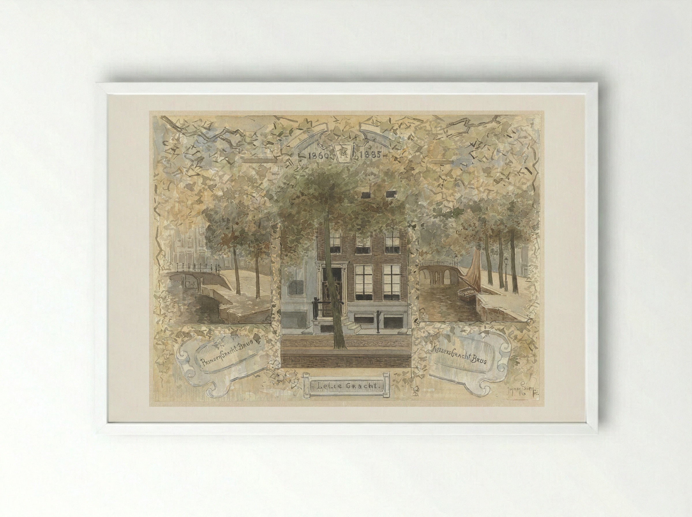 Huis op de Leliegracht, geflankeerd door de bruggen over de Prinsengracht en de Keizersgracht - Jan van Essen - Framed Print White