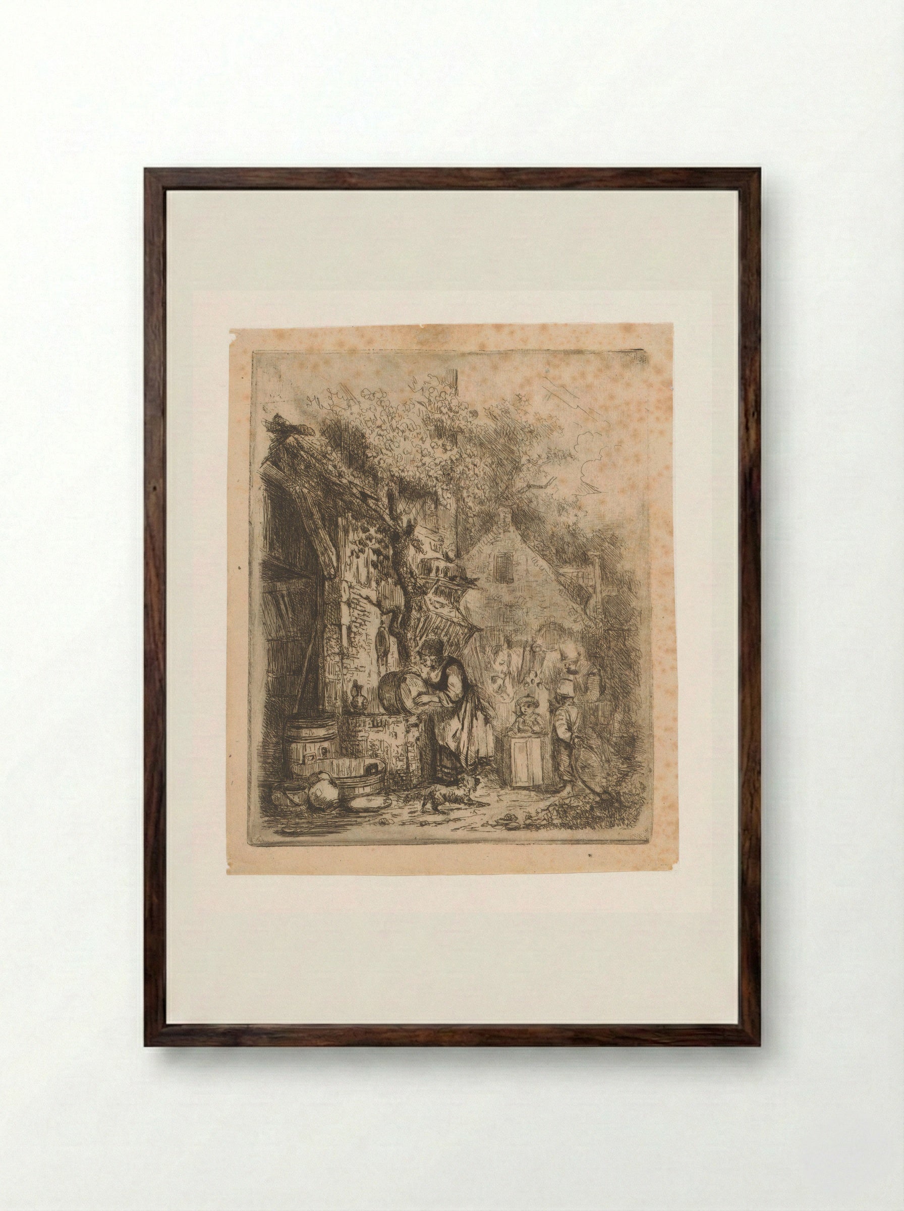 Street Scene with Woman Scouring a Kettle - Adrien Joseph Verhoeven-Ball - Framed Print Dark Wood