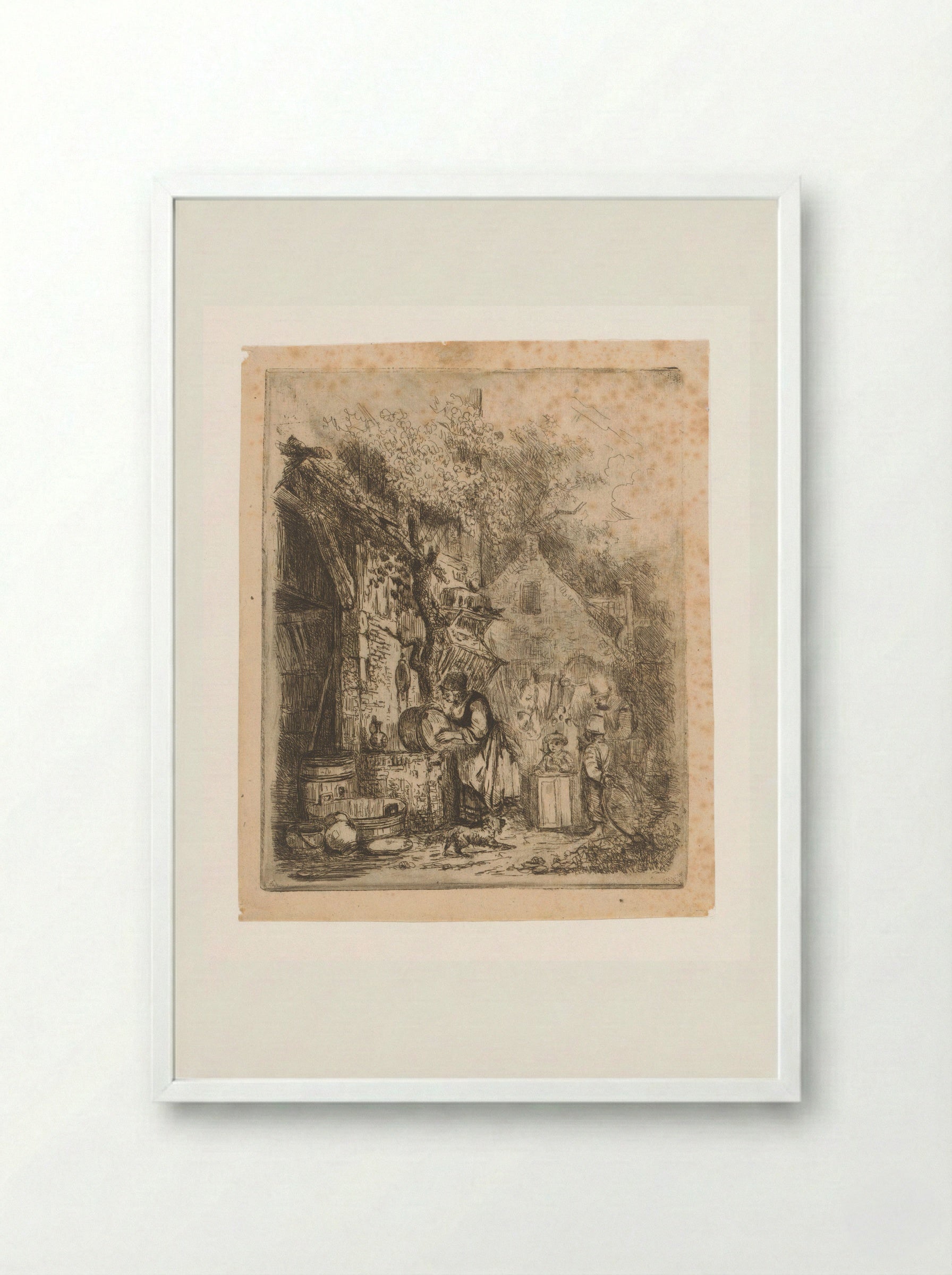 Street Scene with Woman Scouring a Kettle - Adrien Joseph Verhoeven-Ball - Framed Print White