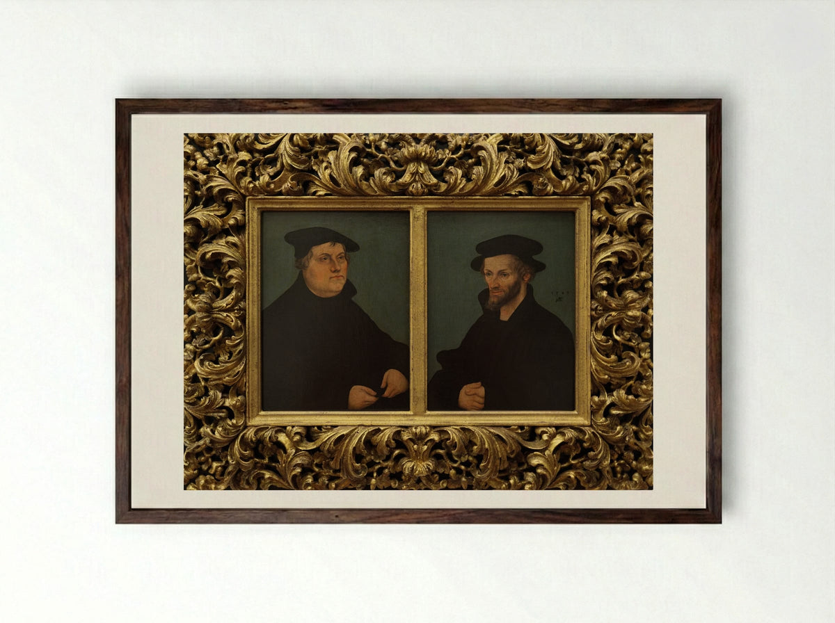 Martin Luther and Philipp Melanchthon - Lucas Cranach the Elder - Framed Print Dark Wood