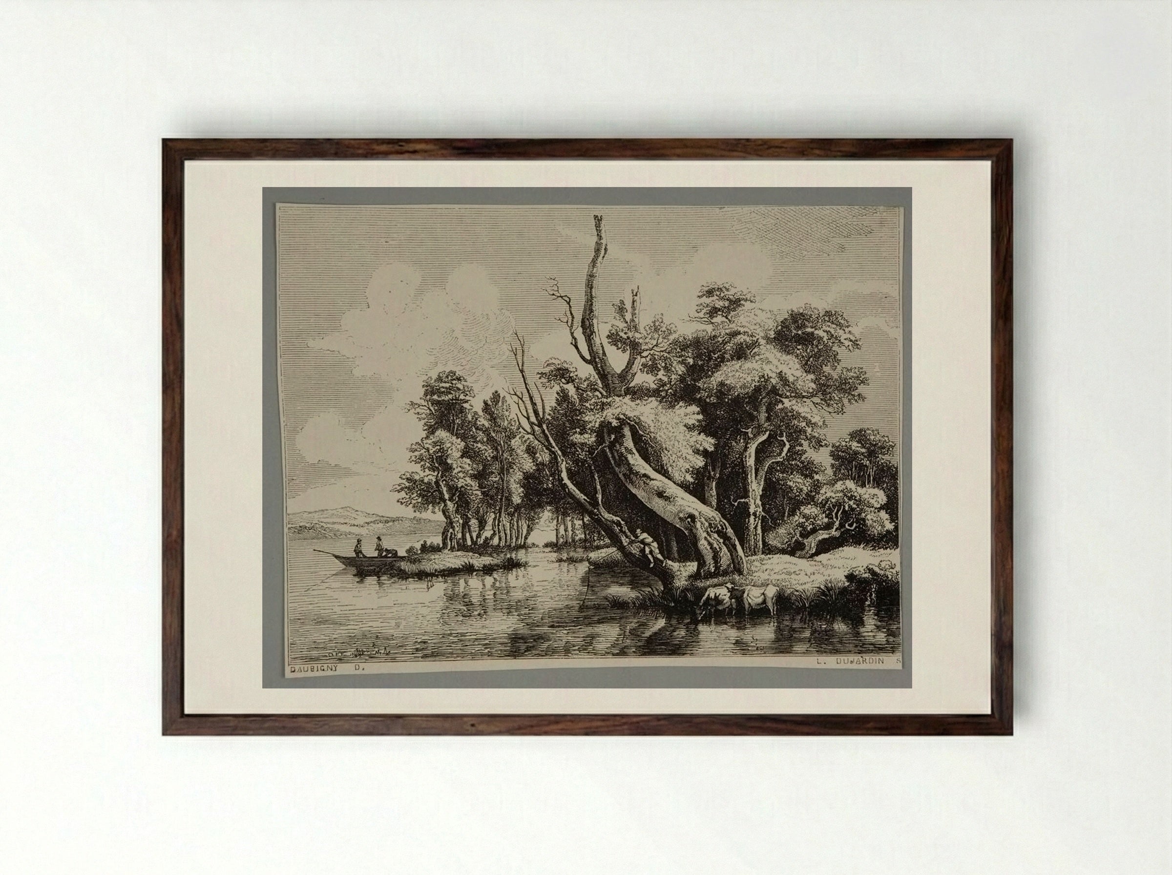 River Scene (After Daubigny) - Louis Dujardin - Framed Print Dark Wood
