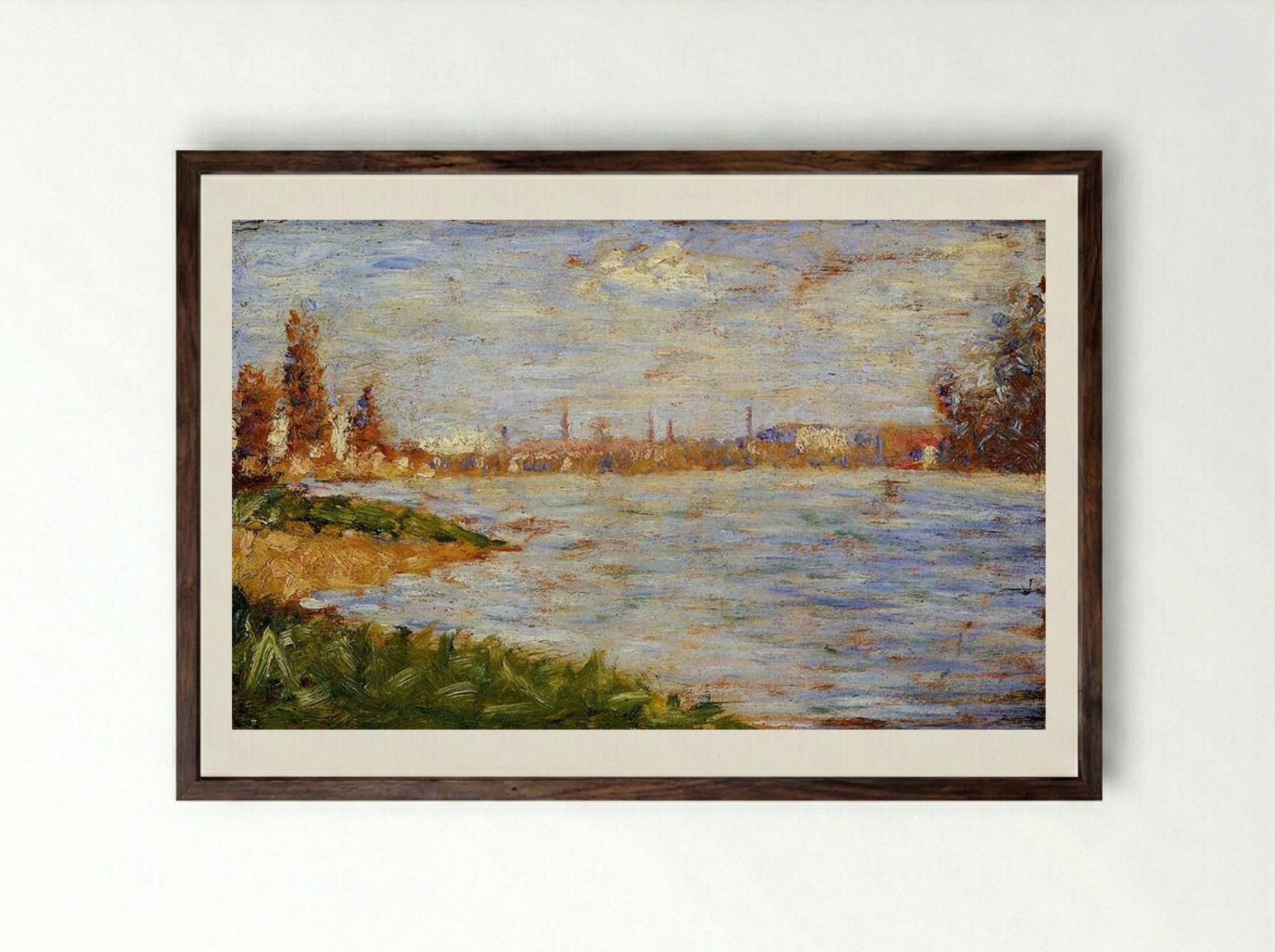 The Riverbanks - Georges Seurat - Framed Print Dark Wood