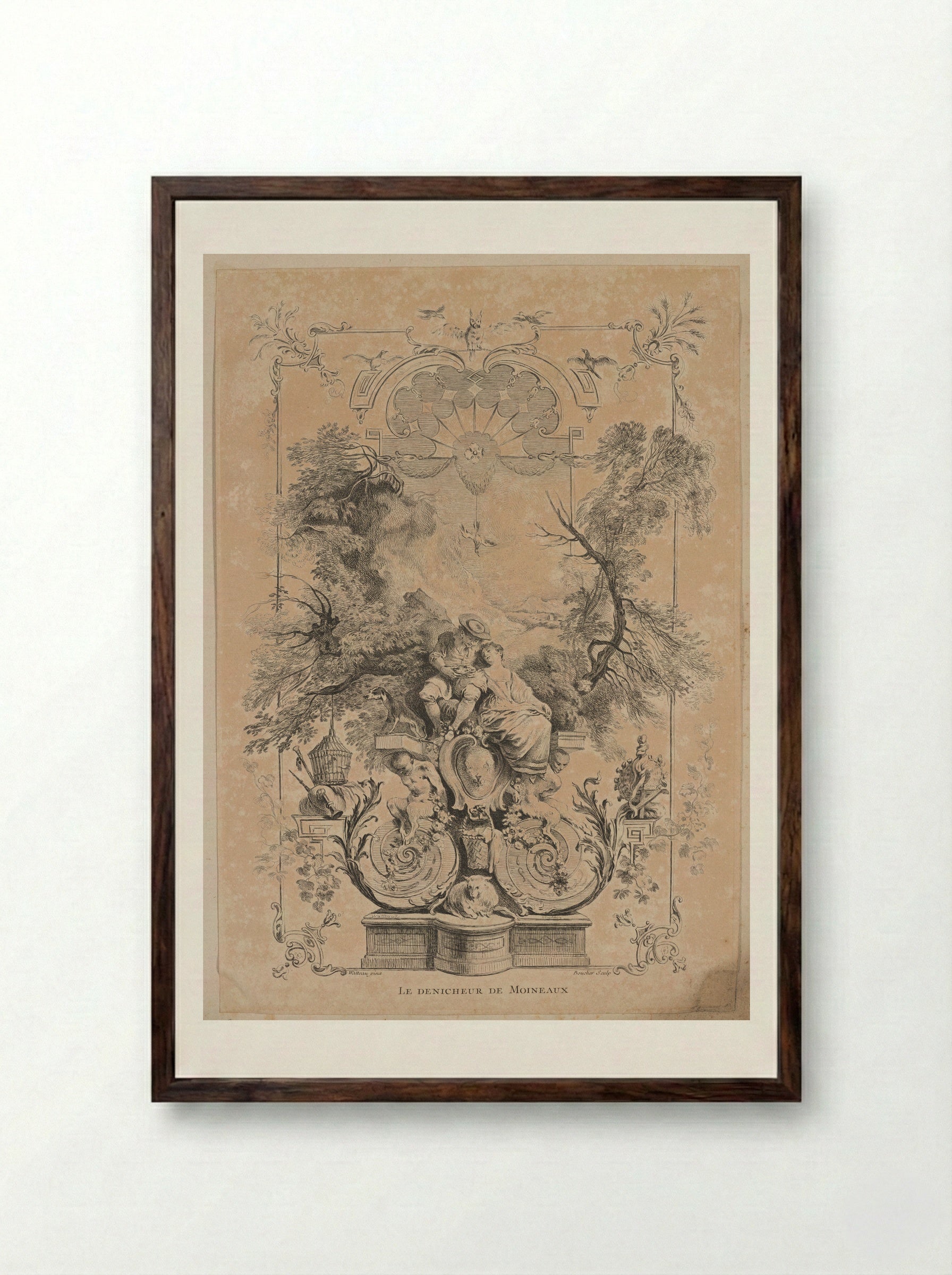 Le Dénicheur de Moineaux - François Boucher - Framed Print Dark Wood