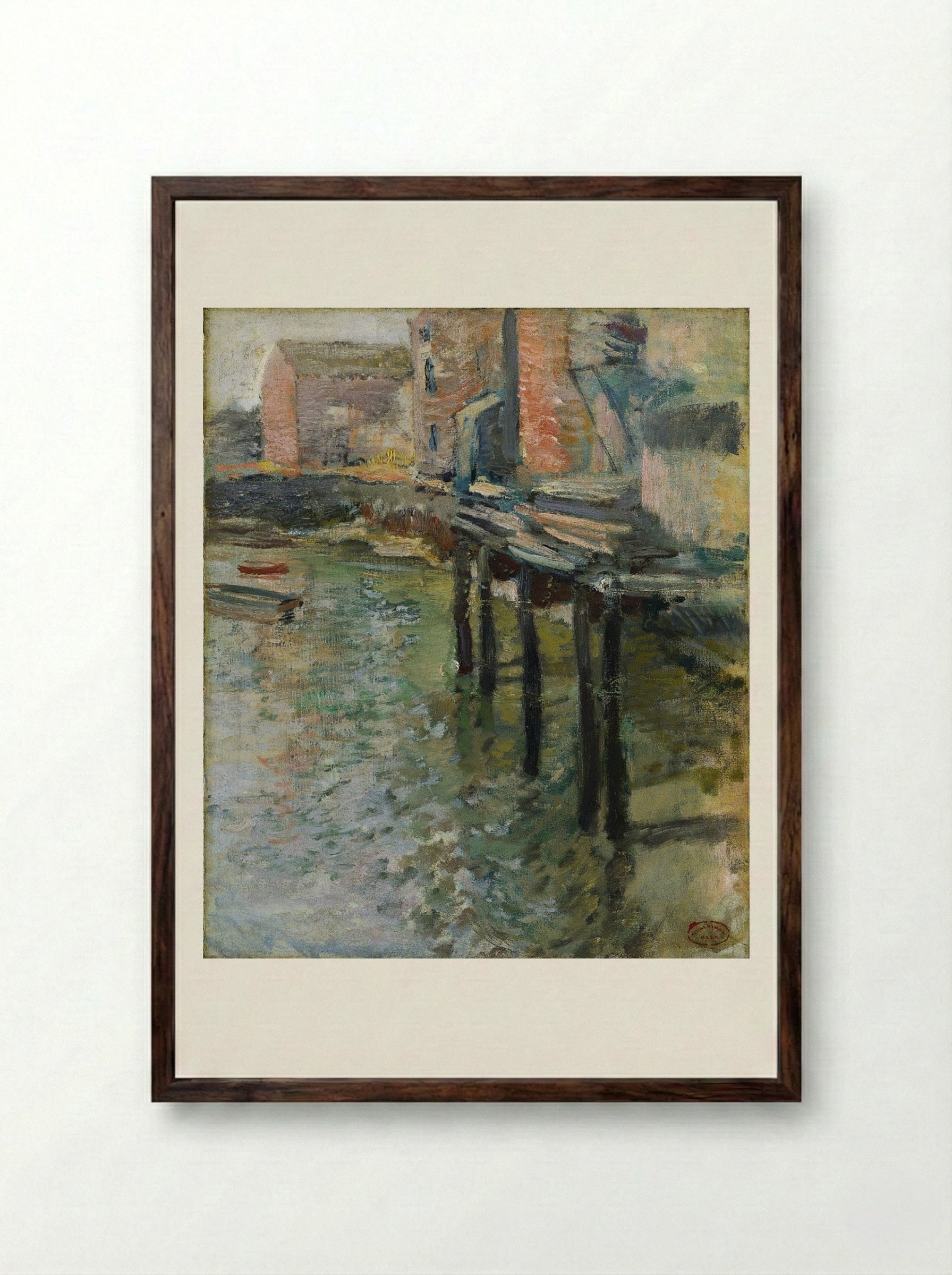 Deserted Wharf (The Old Mill at Cos Cob) - John Henry Twachtman - Framed Print Dark Wood