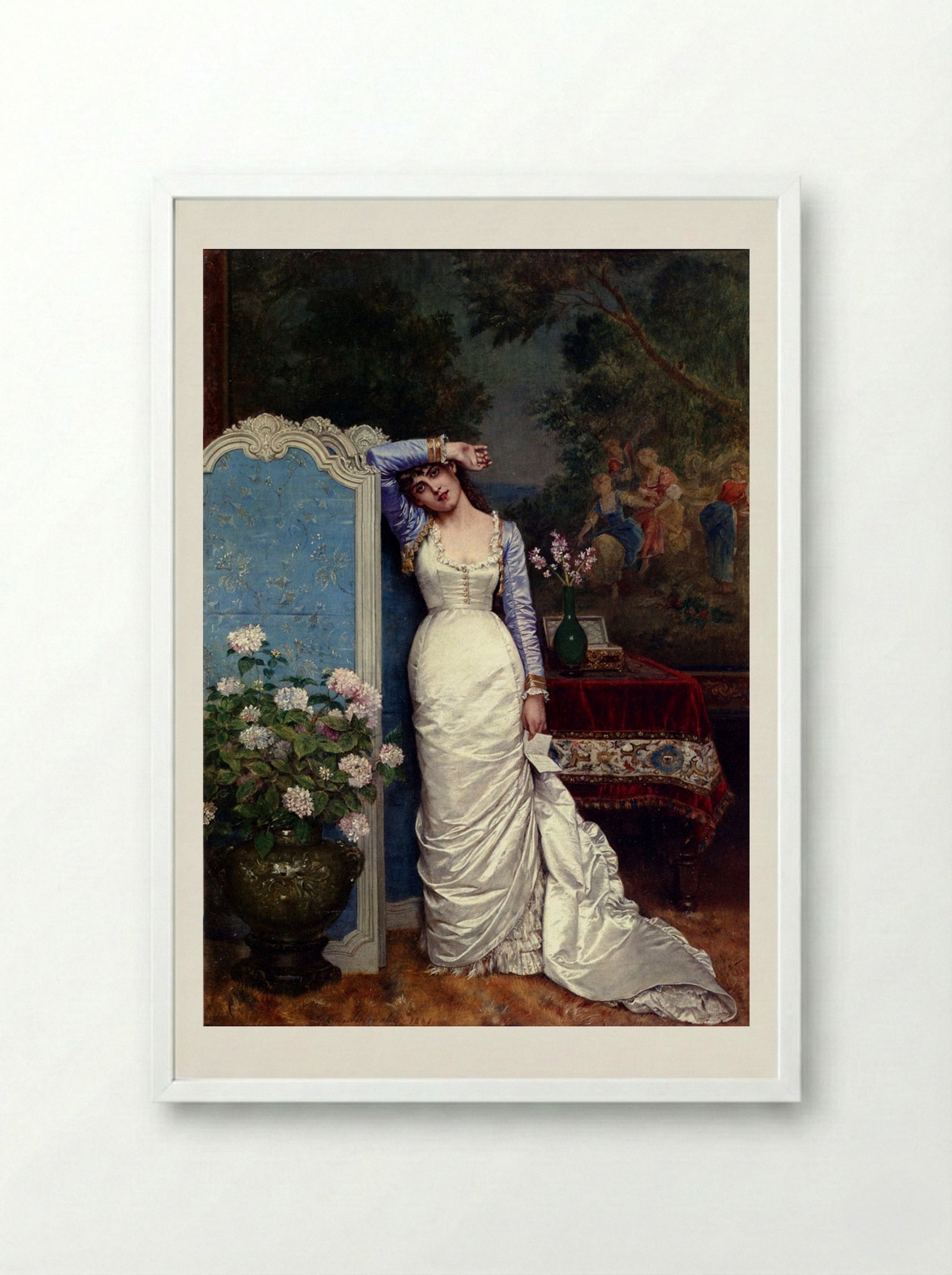 Young Woman In An Interior - Auguste Toulmouche - Framed Print White