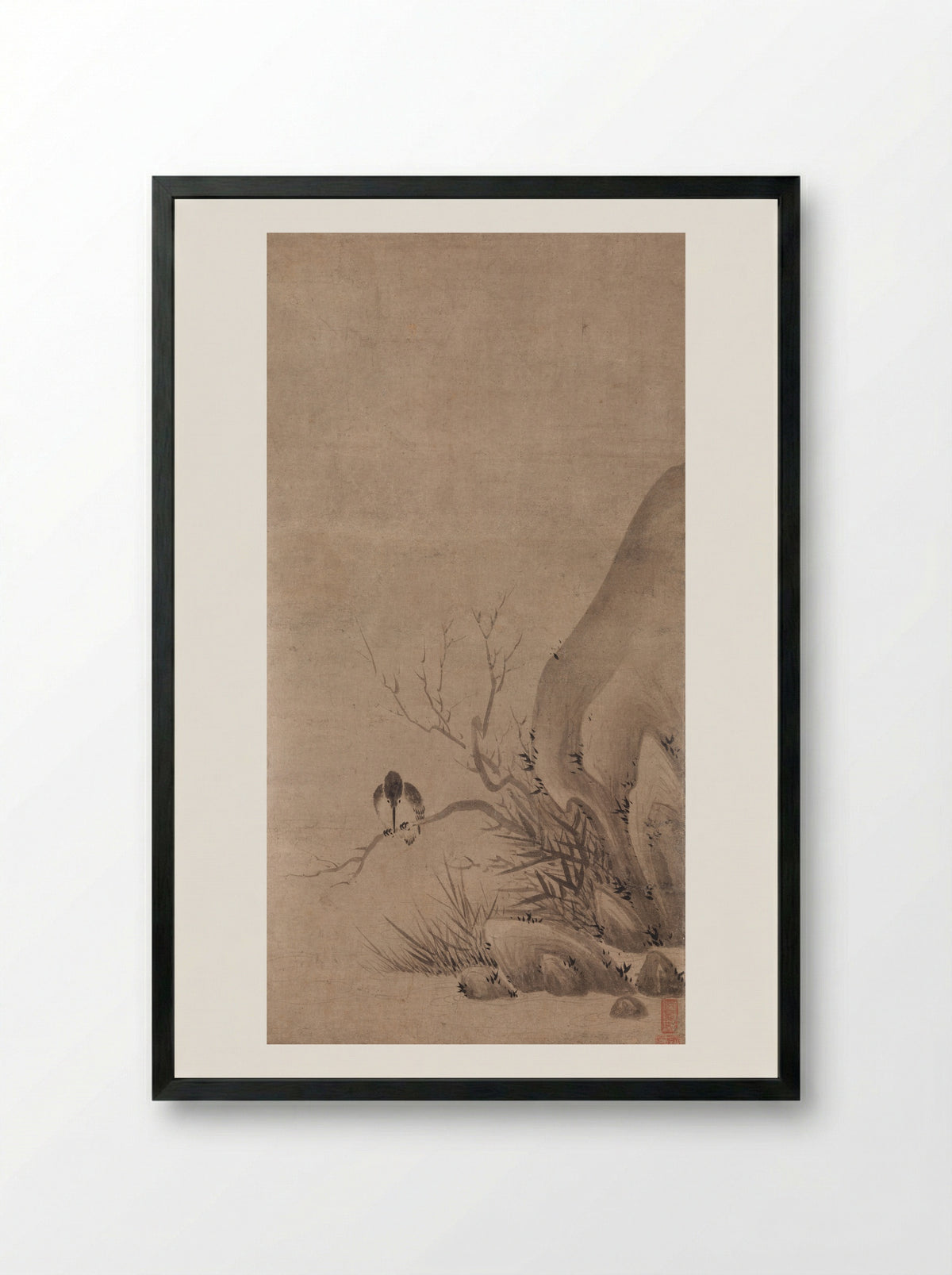 Kingfisher Perched above a Stream - Kenkō Shōkei - Framed Print Black