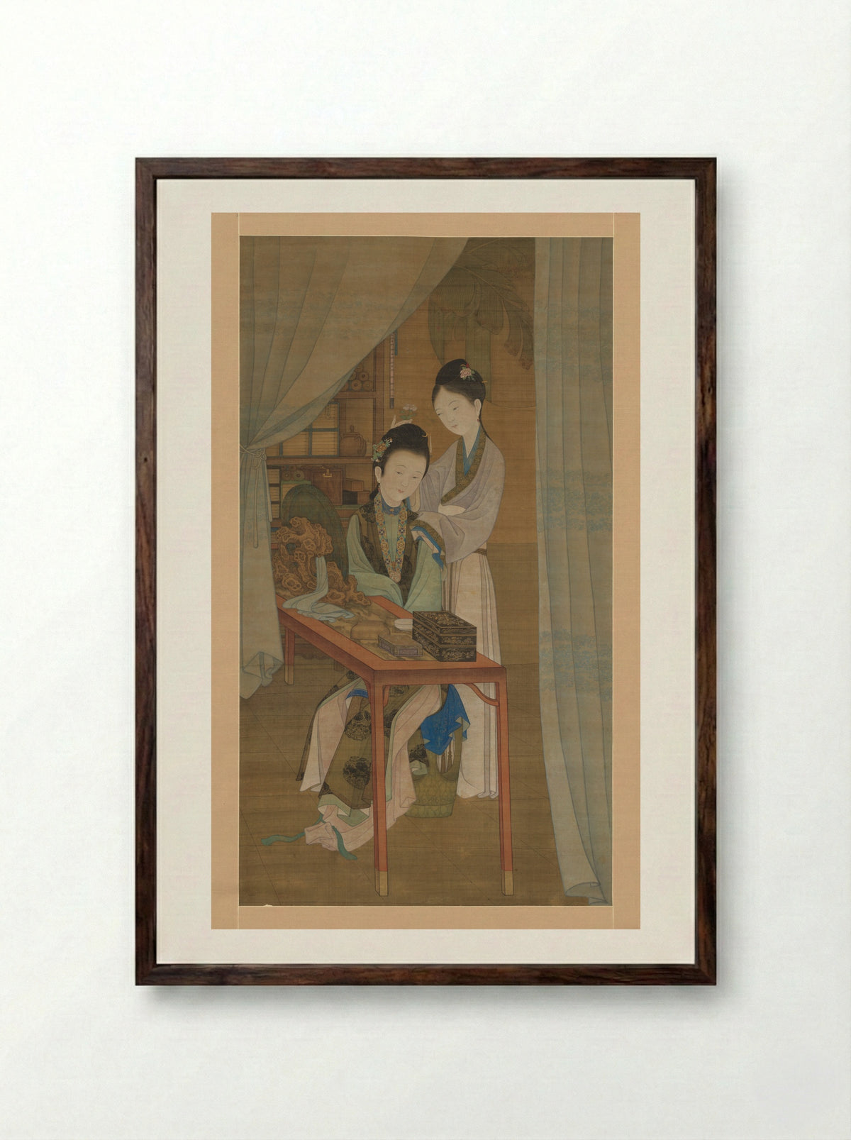 Woman at her dressing table - Leng Mei - Framed Print Dark Wood
