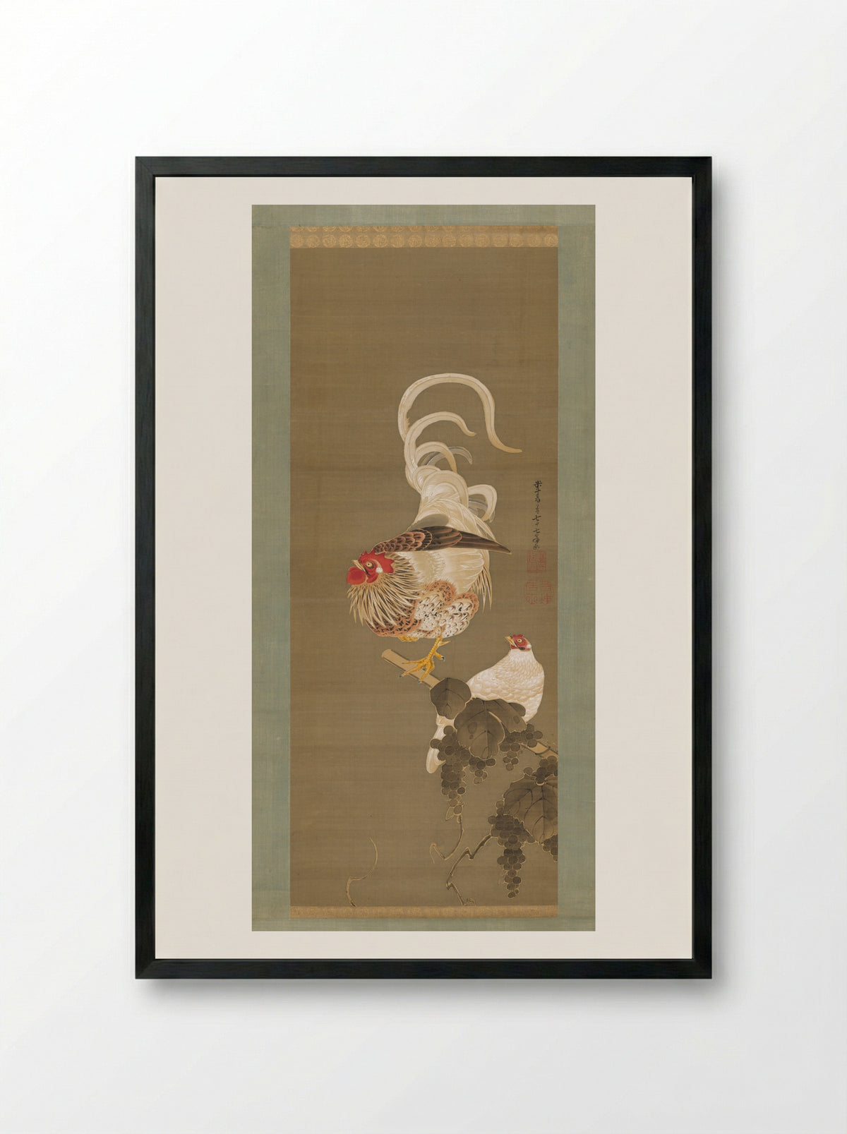 Hen and Rooster with Grapevine - Itō Jakuchū - Framed Print Black