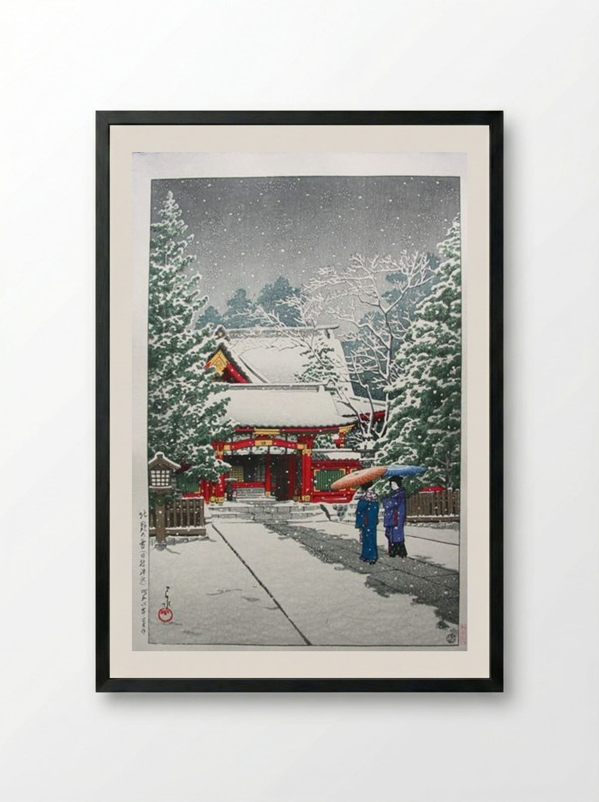 Snow at Hinoeda Shrine - Hasui Kawase - Framed Print Black