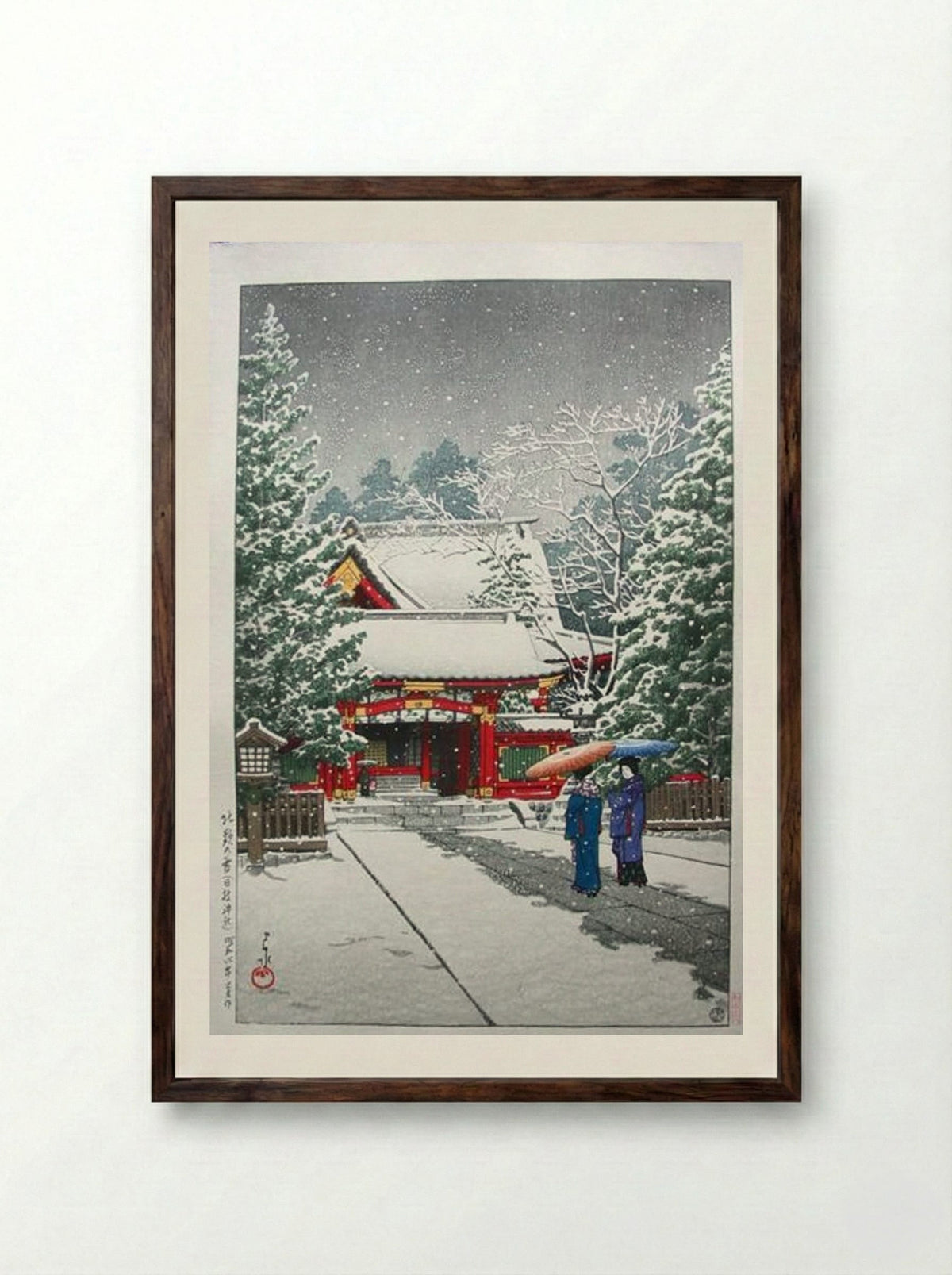Snow at Hinoeda Shrine - Hasui Kawase - Framed Print Dark Wood