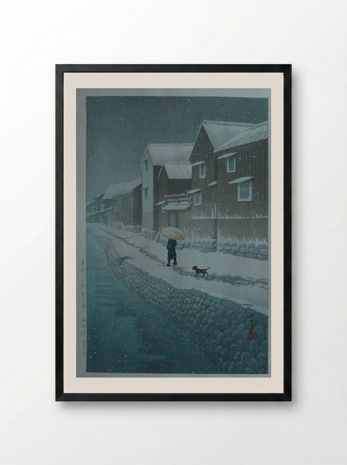Snow at Shinkawabata - Hasui Kawase - Framed Print Black
