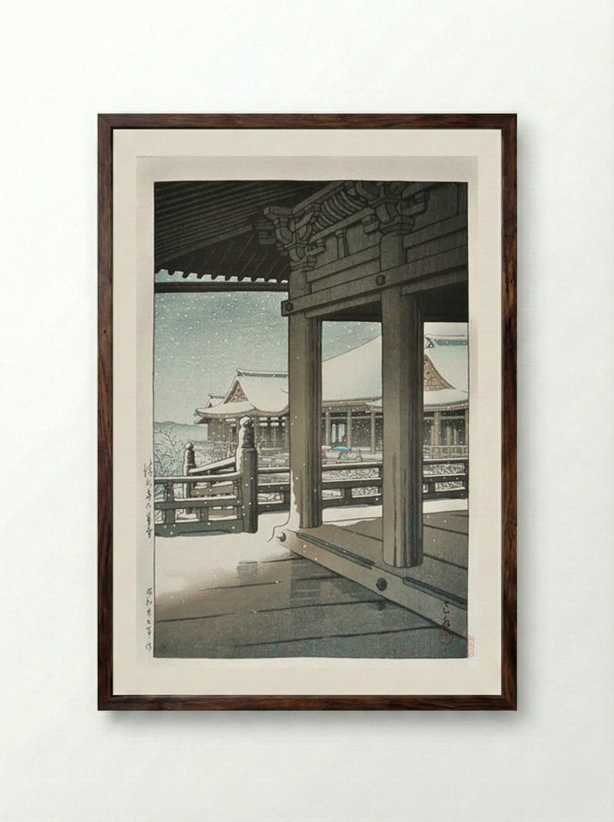 Snow Fall at Kiyomizu Temple, Kyoto - Hasui Kawase - Framed Print Dark Wood