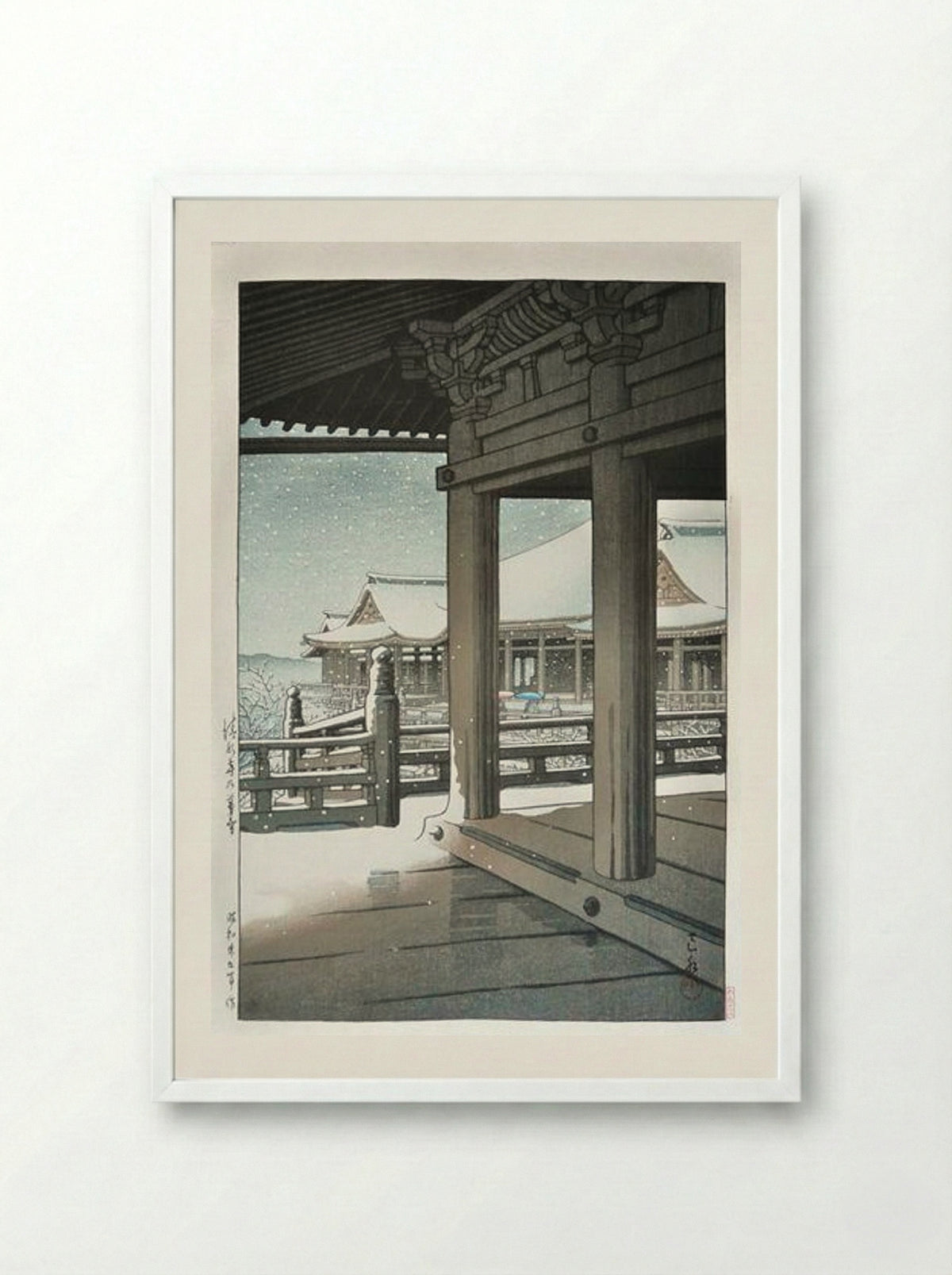 Snow Fall at Kiyomizu Temple, Kyoto - Hasui Kawase - Framed Print White