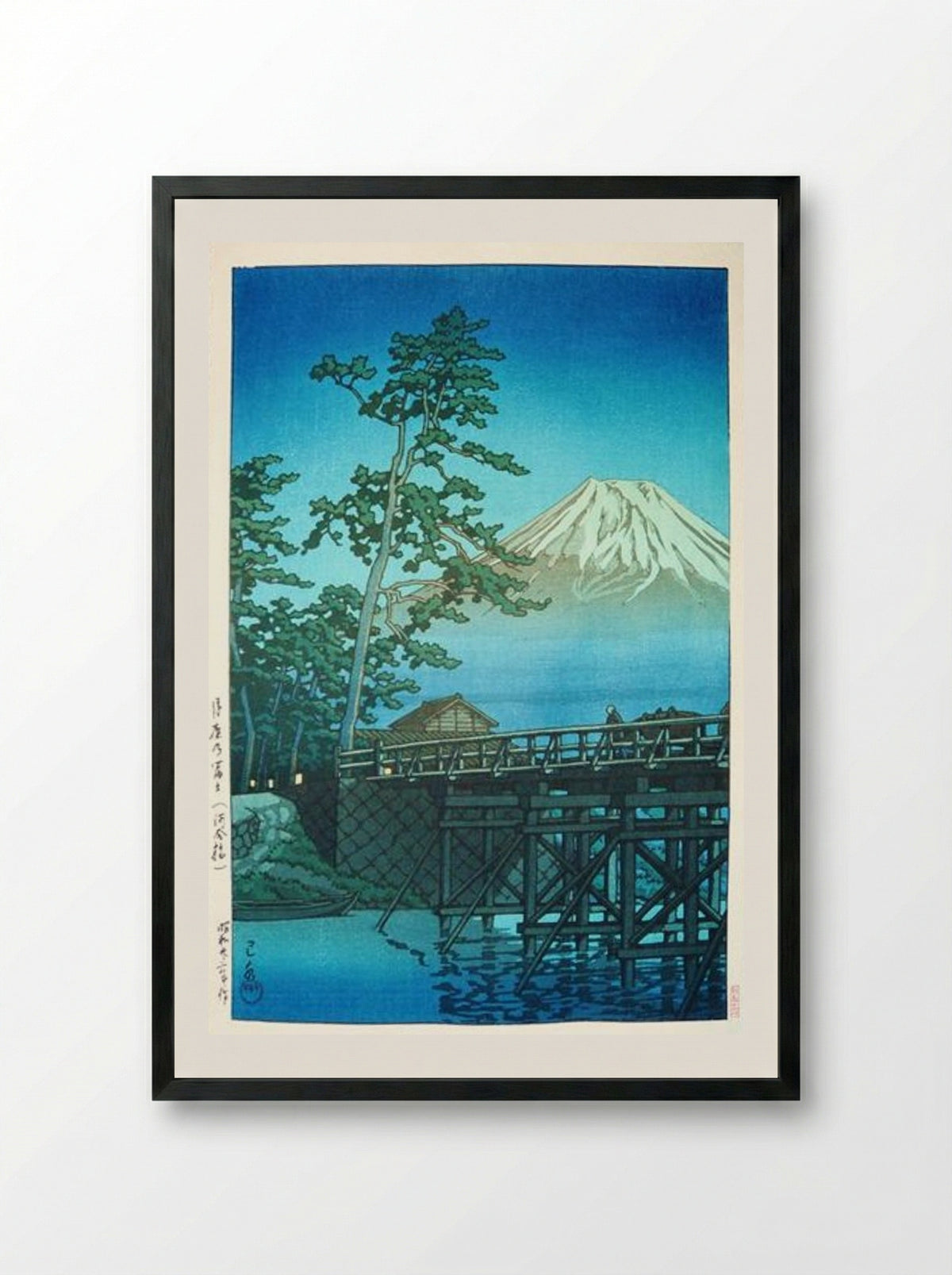Mount Fuji by Moonlight, Kawai Bashi - Hasui Kawase - Framed Print Black