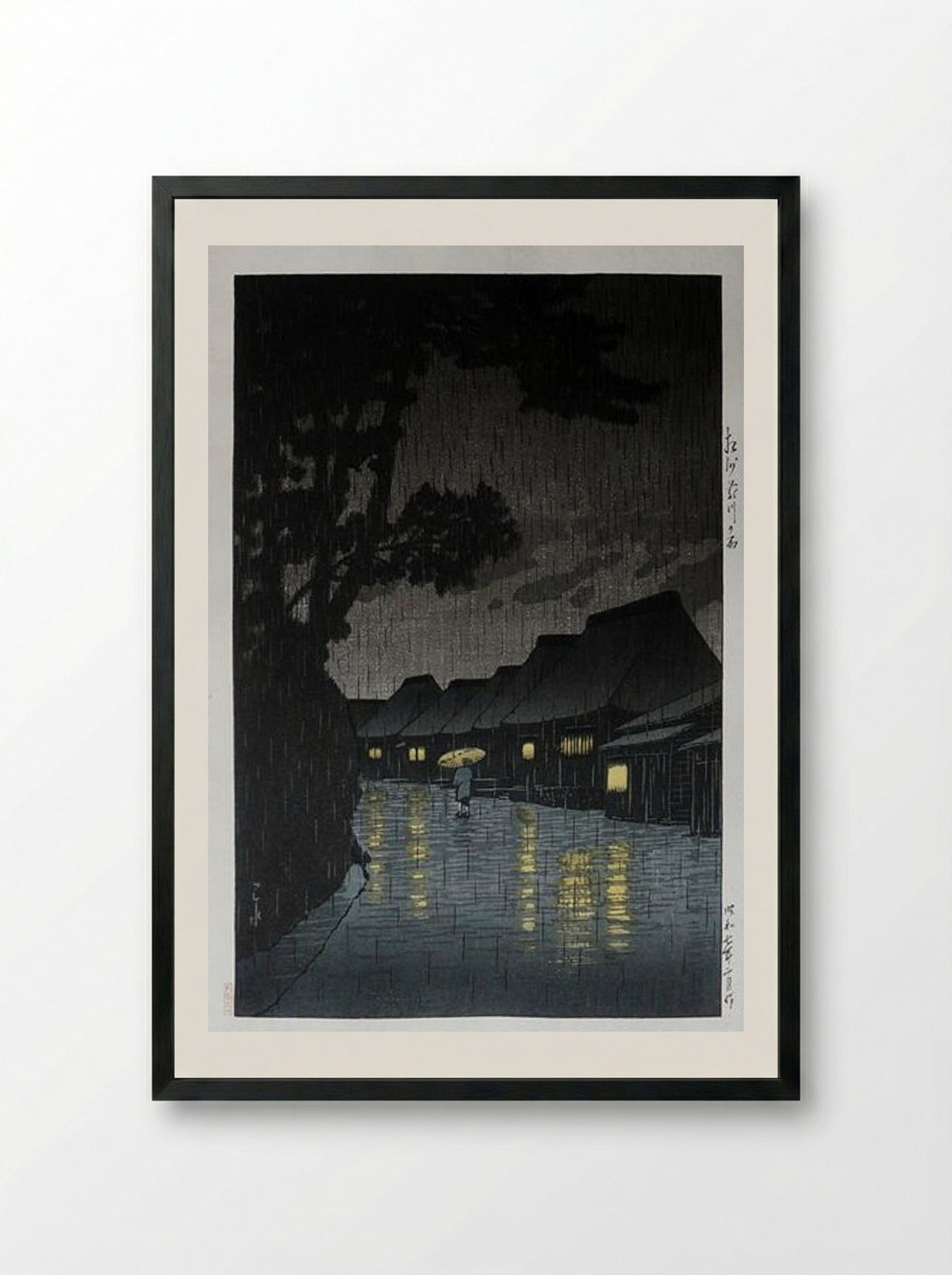 Rainy Night at Maekawa - Hasui Kawase - Framed Print Black