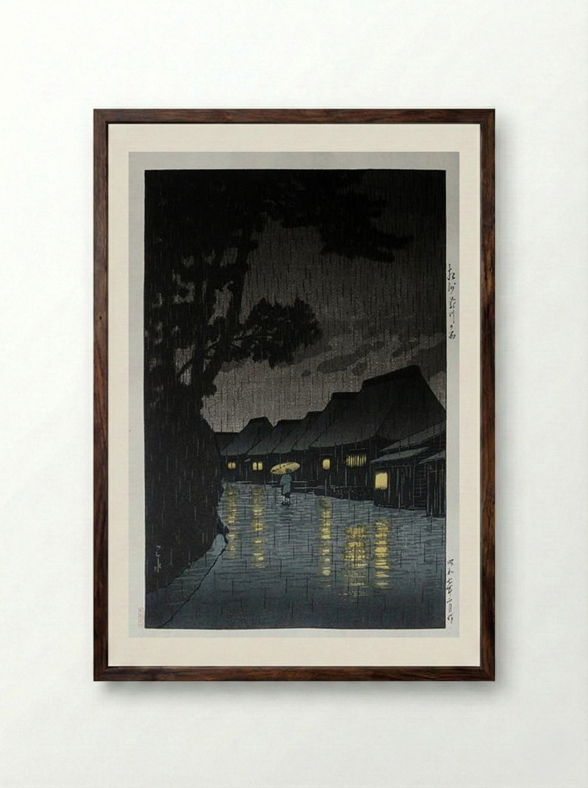 Rainy Night at Maekawa - Hasui Kawase - Framed Print Dark Wood