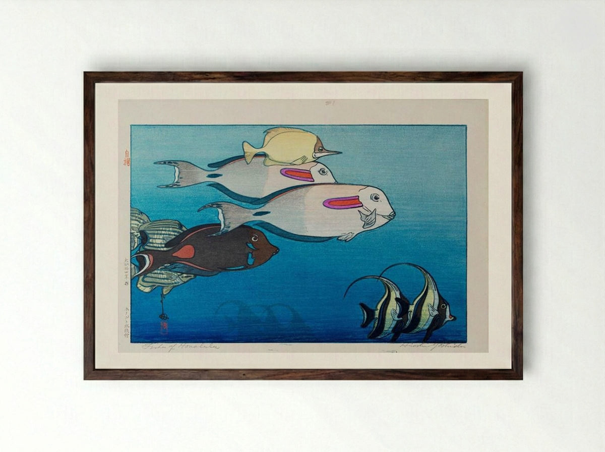 Fishes of Honolulu - Hiroshi Yoshida - Framed Print Dark Wood