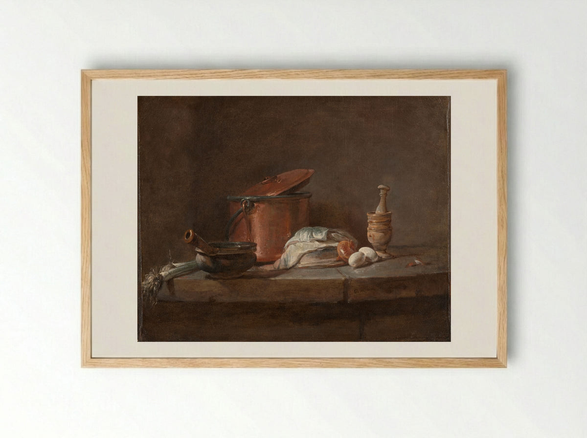 Kitchen Utensils with Leeks, Fish, and Eggs - Jean-Siméon Chardin - Framed Print Wood