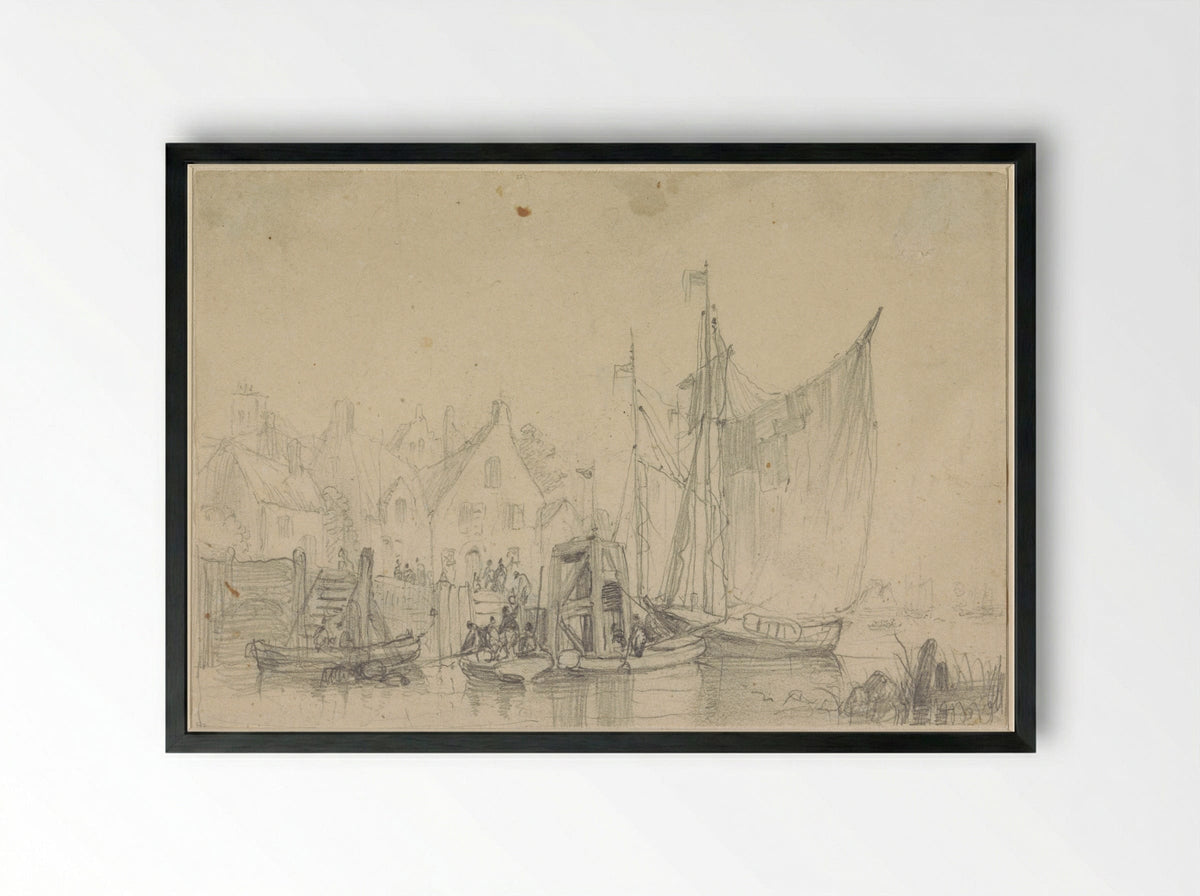 Het vertrek van boten uit een dorp - Henri Adolphe Schaep - Framed Print Black