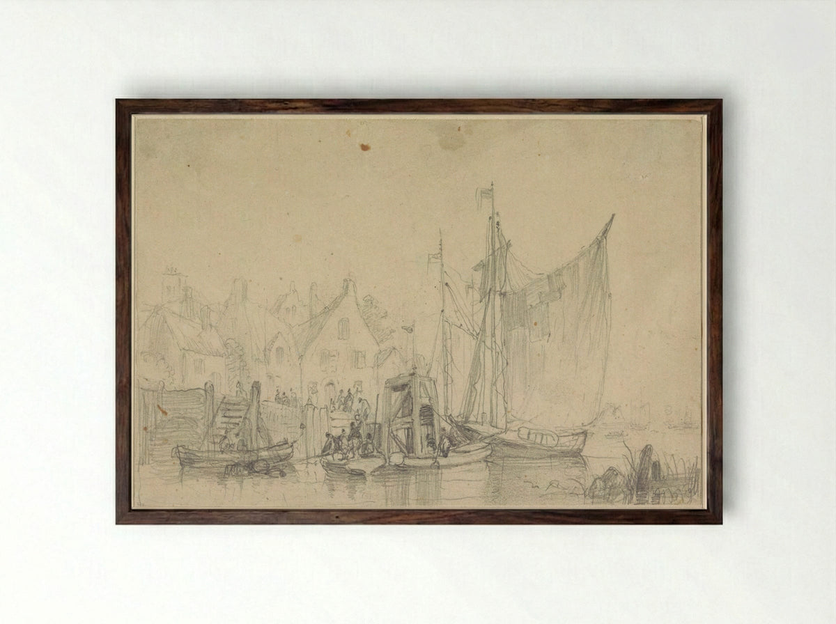 Het vertrek van boten uit een dorp - Henri Adolphe Schaep - Framed Print Dark Wood