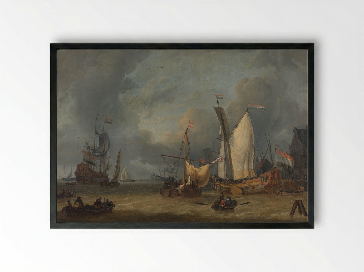 Ships in a Harbour in a Strong Breeze - Jan Claesz. Rietschoof - Framed Print Black