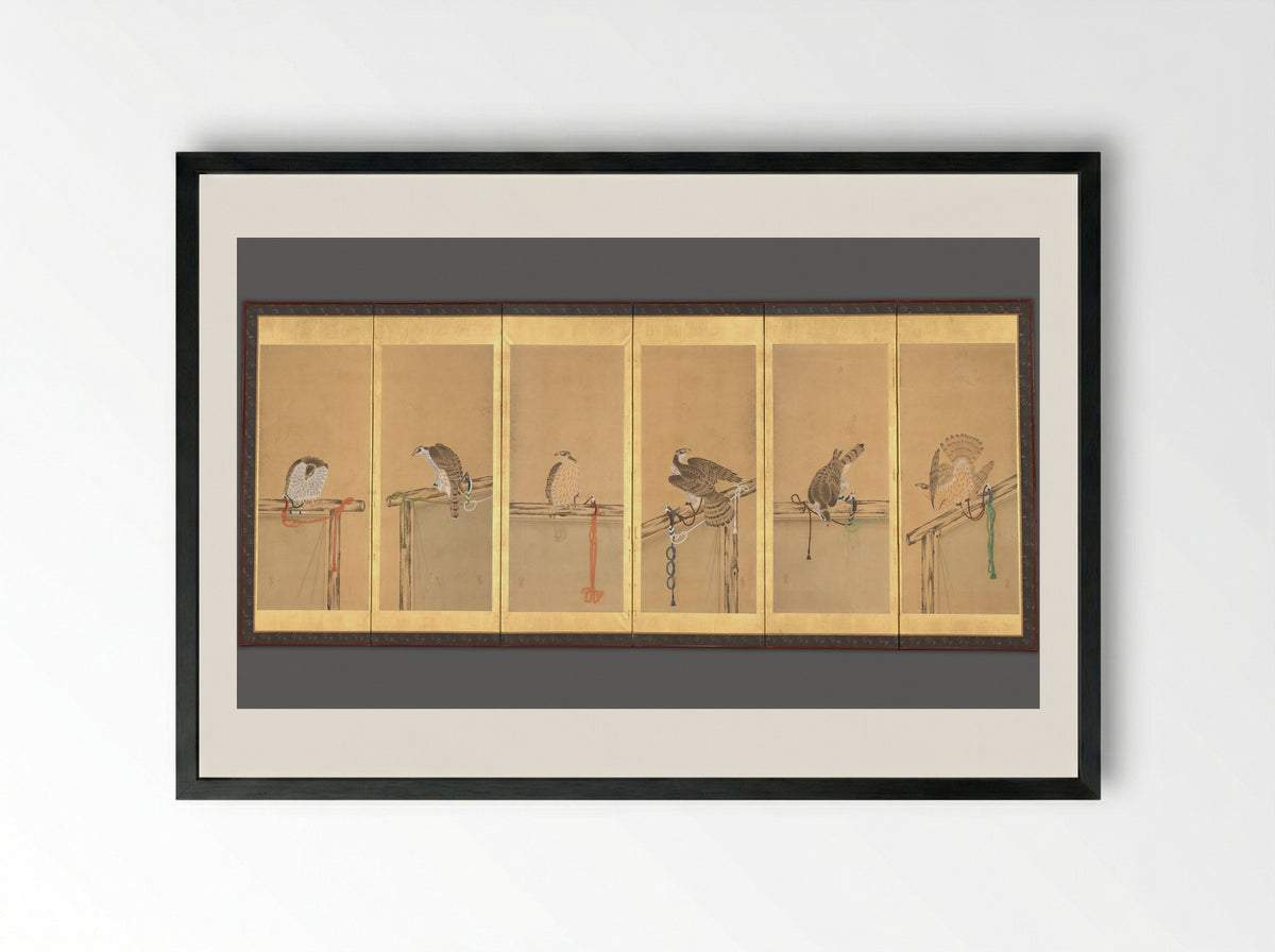 Tethered Hawks - Soga Chokuan - Framed Print Black