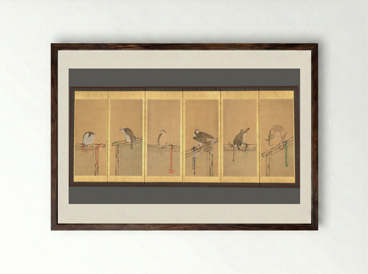 Tethered Hawks - Soga Chokuan - Framed Print Dark Wood