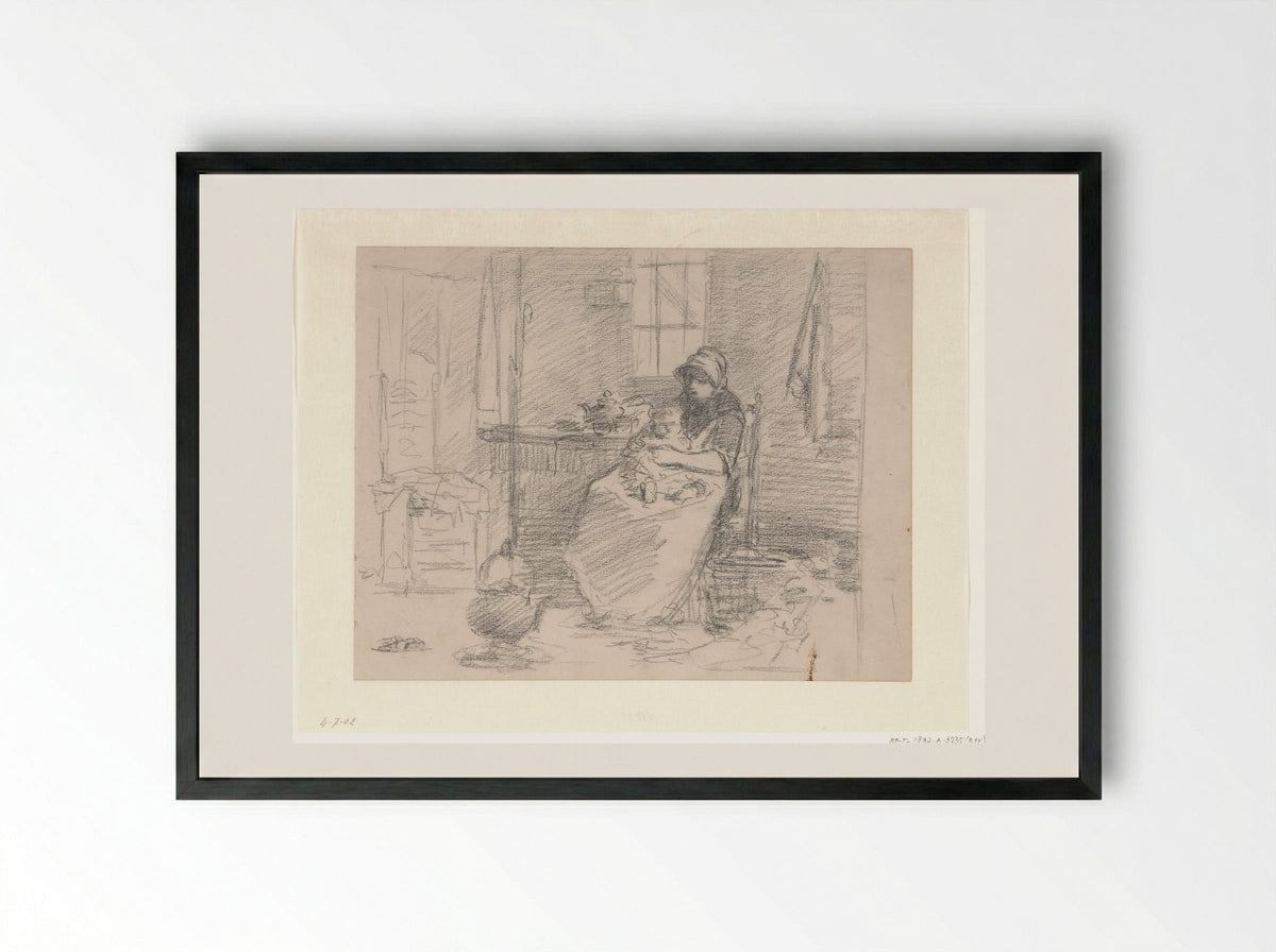 Boereninterieur met zittende oude vrouw - Hendrik Valkenburg - Framed Print Black