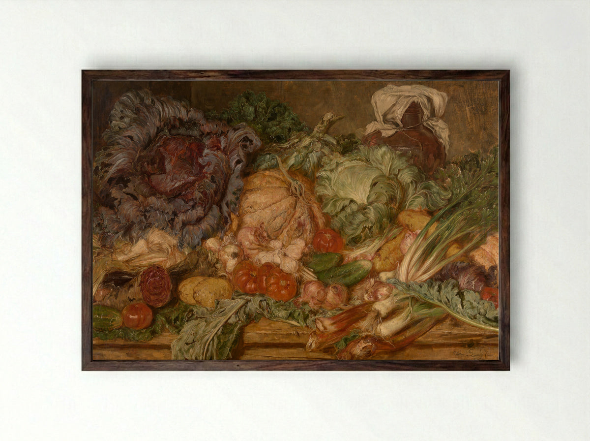 Still Life with Vegetables - Willem Linnig (II) - Framed Print Dark Wood