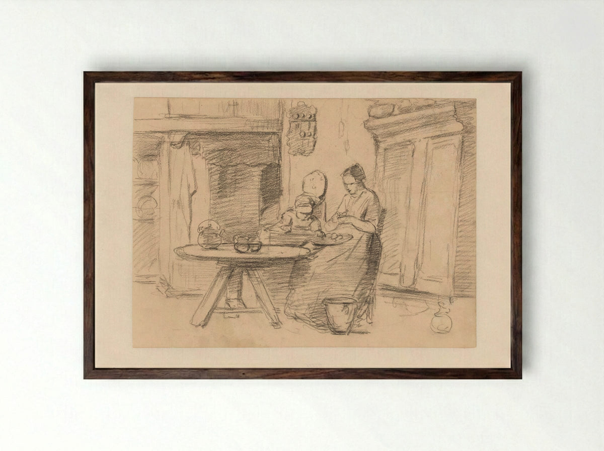 Mother with a Child in a High Chair in an Interior - Hendrik Valkenburg - Framed Print Dark Wood