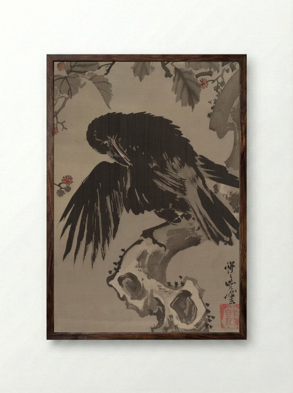 Crow on a Branch - Kawanabe Kyōsai - Framed Print Dark Wood