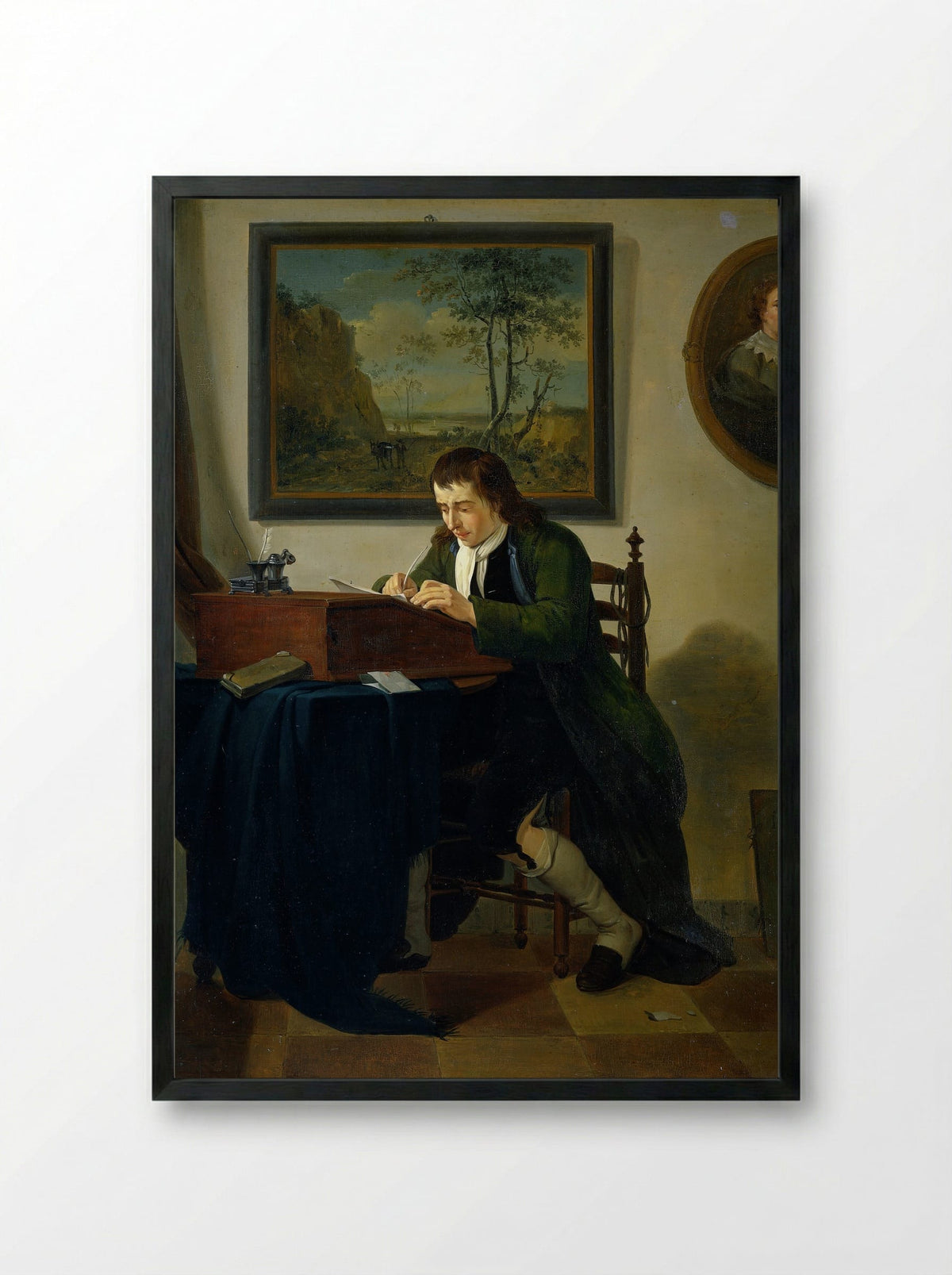 Een man schrijvend aan zijn lessenaar - Jan Ekels (II) - Framed Print Black