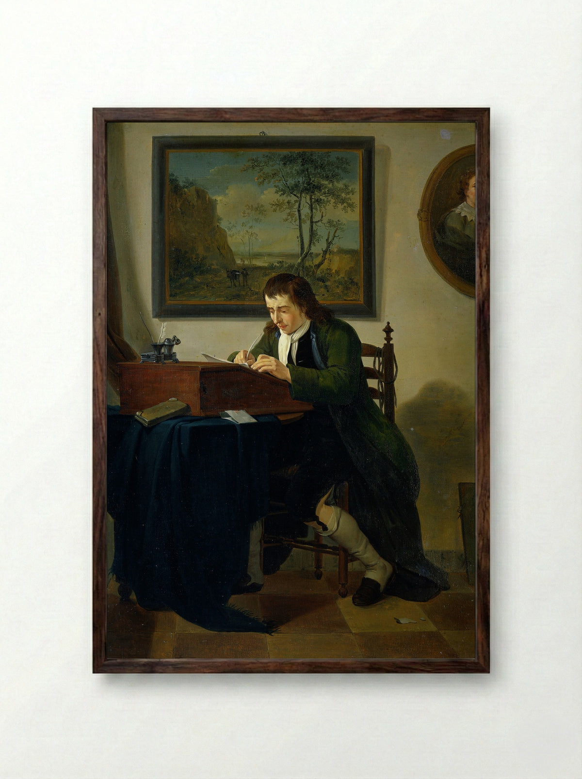 Een man schrijvend aan zijn lessenaar - Jan Ekels (II) - Framed Print Dark Wood
