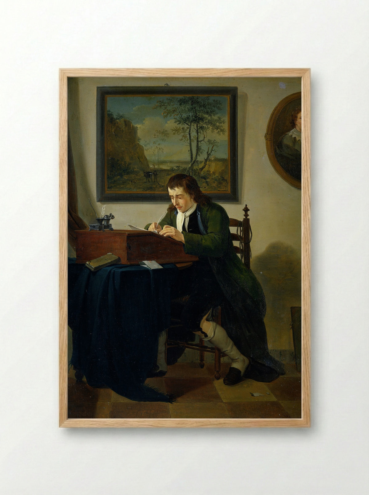 Een man schrijvend aan zijn lessenaar - Jan Ekels (II) - Framed Print Wood